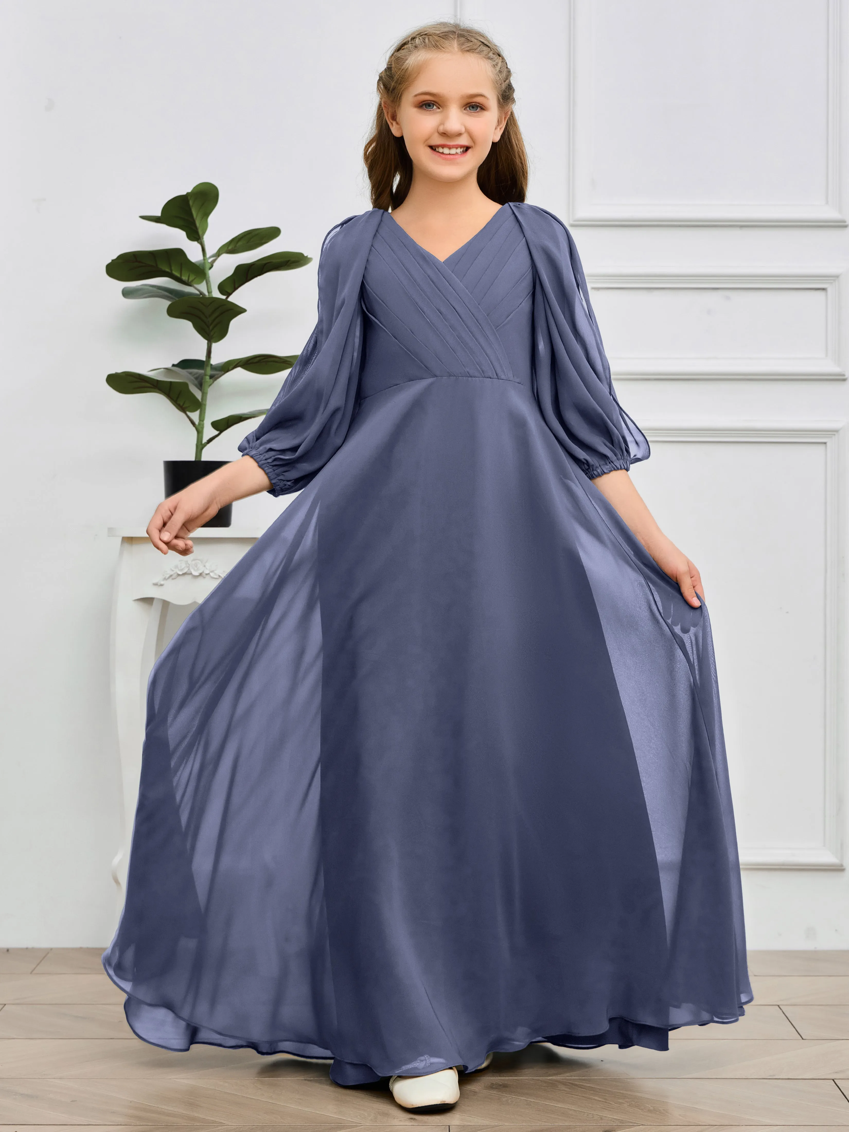 Long Sleeves V Neck Chiffon Junior Bridesmaid Dress