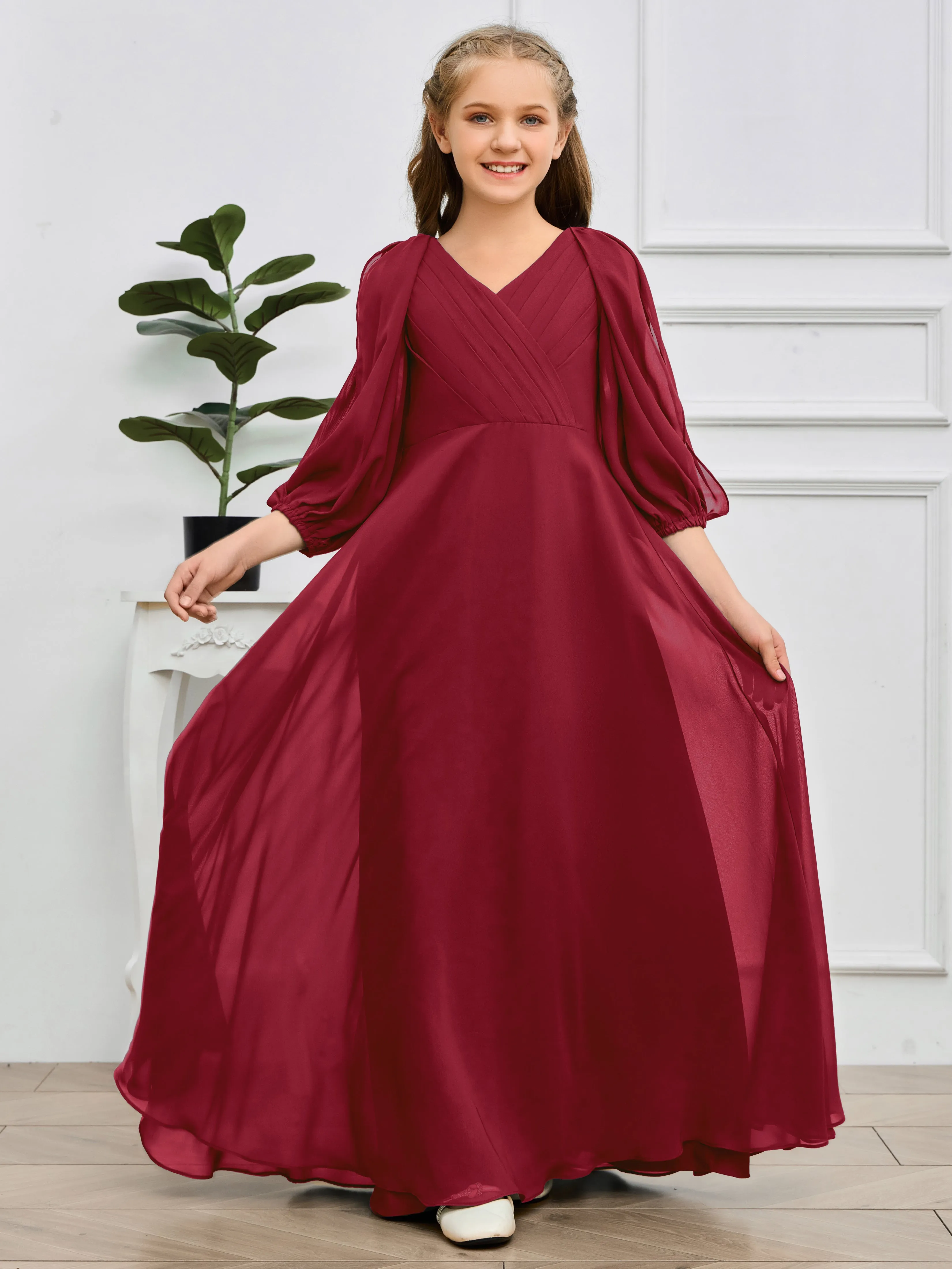 Long Sleeves V Neck Chiffon Junior Bridesmaid Dress