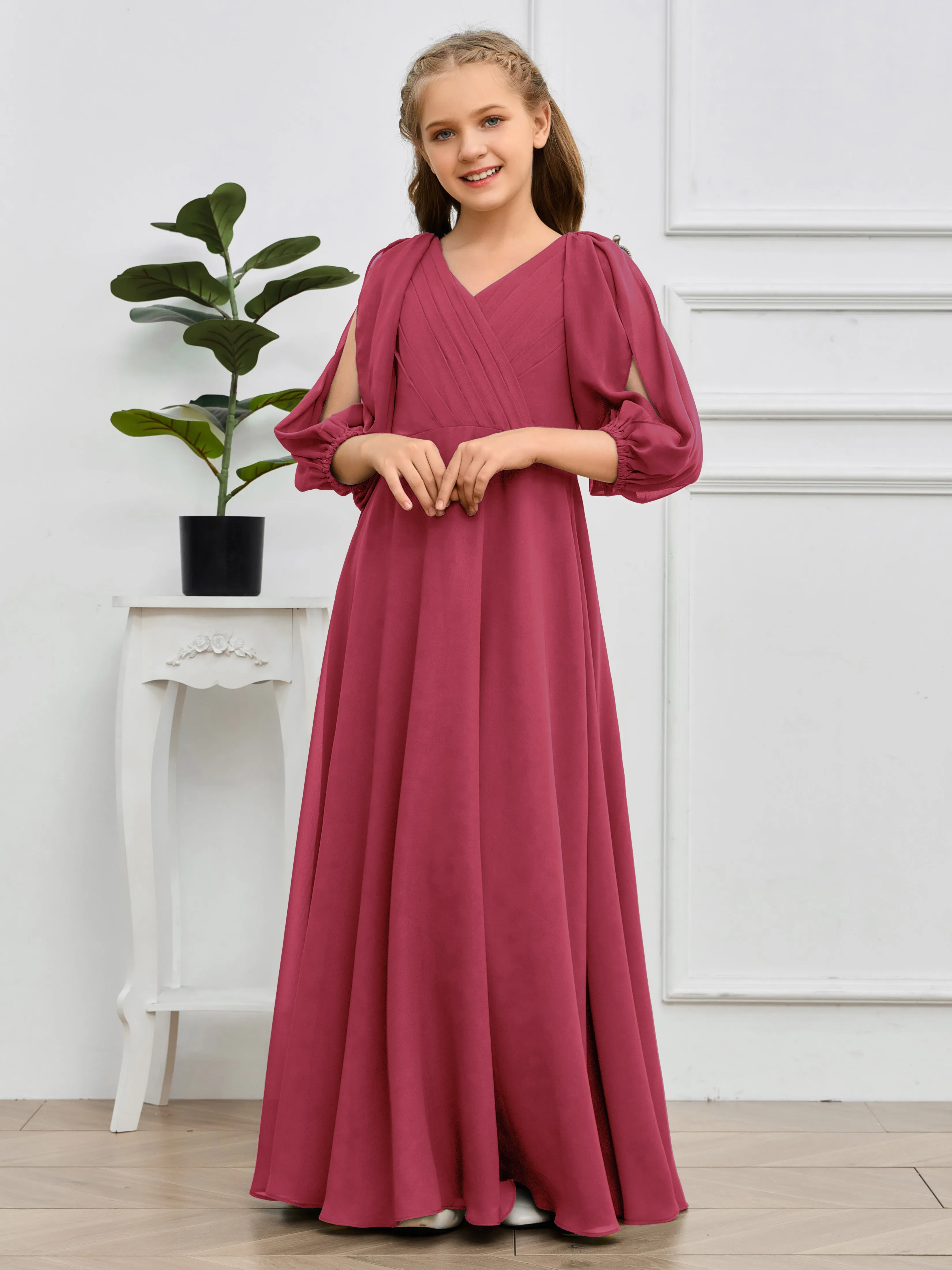 Long Sleeves V Neck Chiffon Junior Bridesmaid Dress