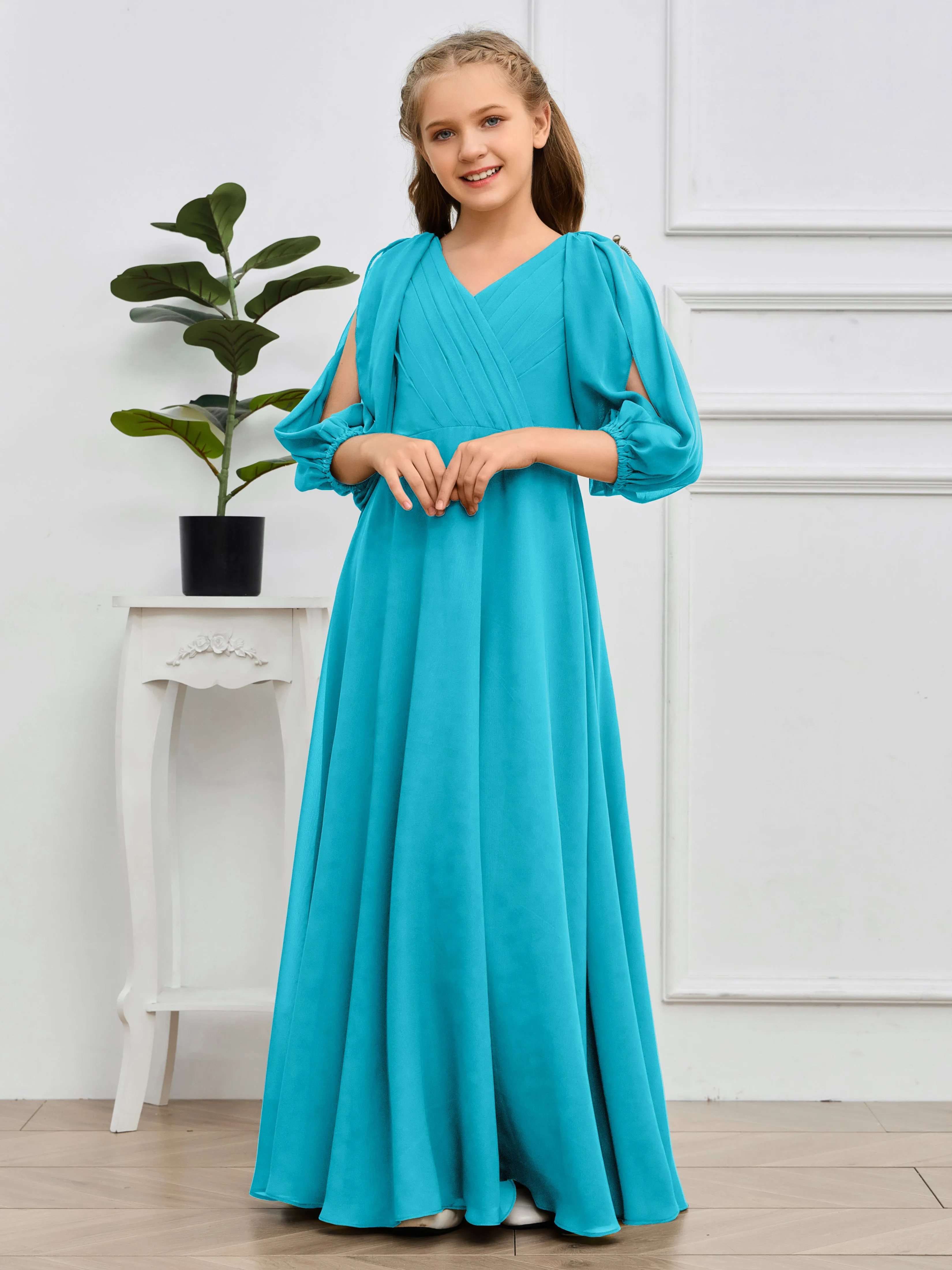 Long Sleeves V Neck Chiffon Junior Bridesmaid Dress