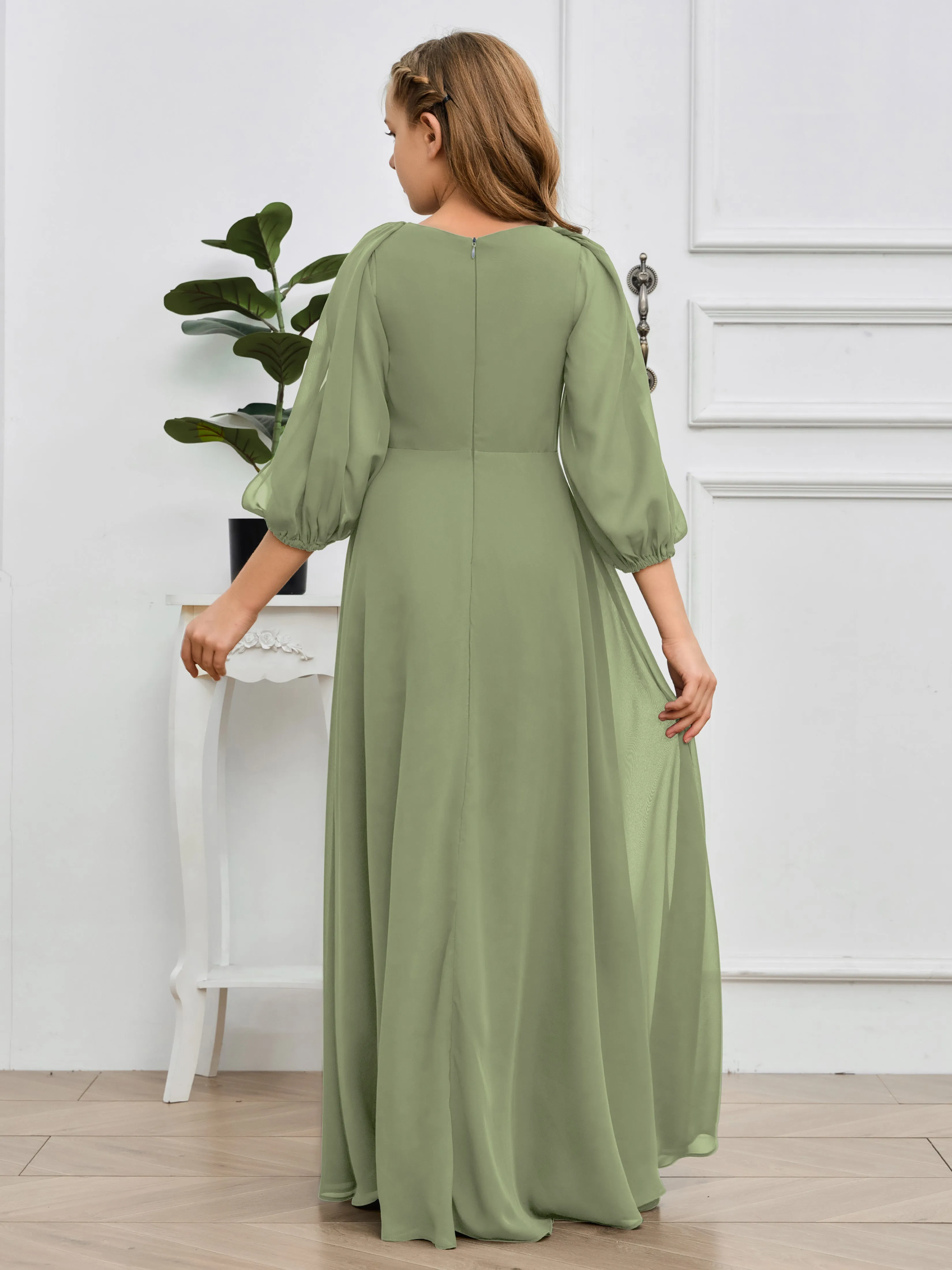 Long Sleeves V Neck Chiffon Junior Bridesmaid Dress