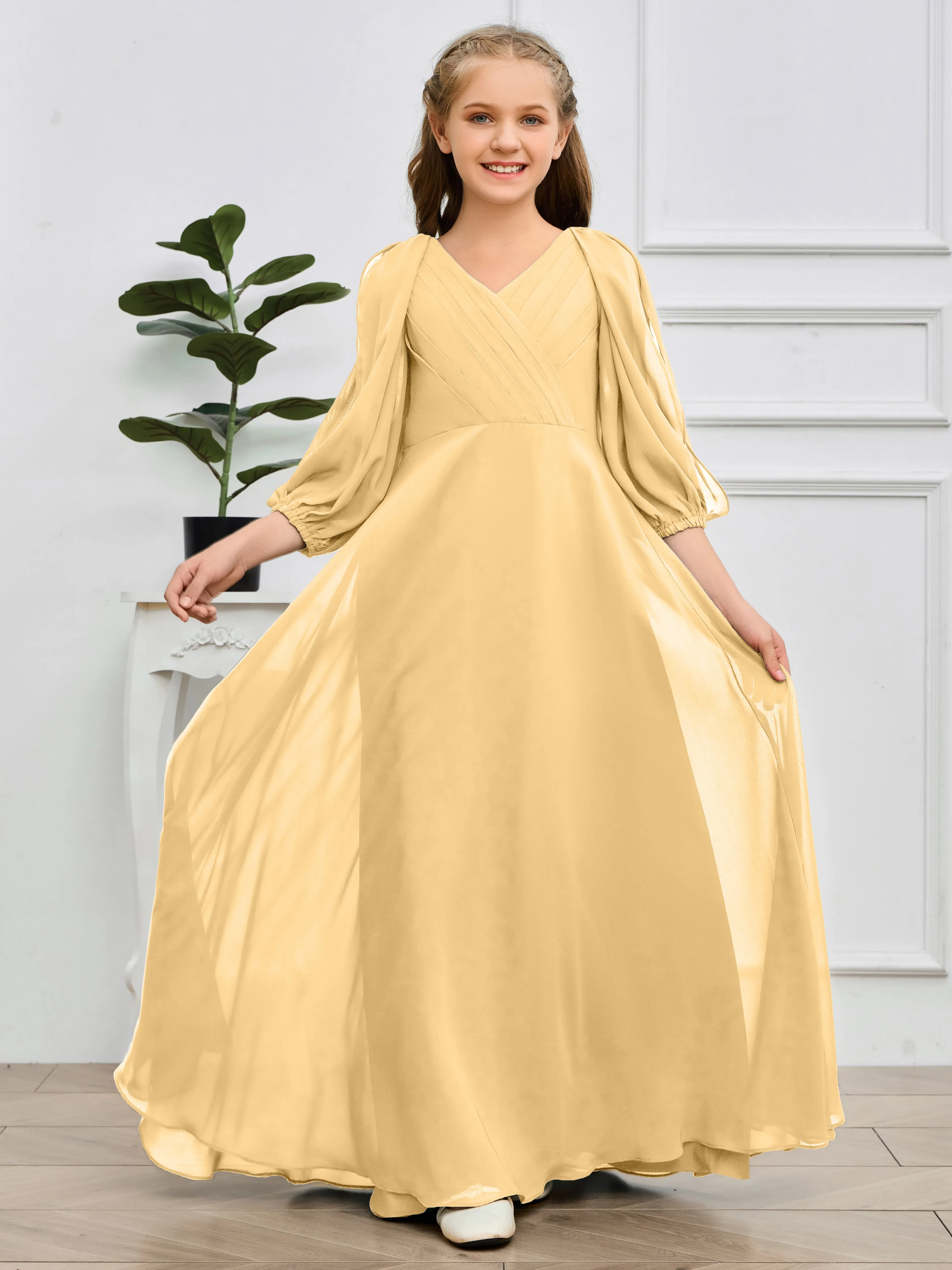 Long Sleeves V Neck Chiffon Junior Bridesmaid Dress