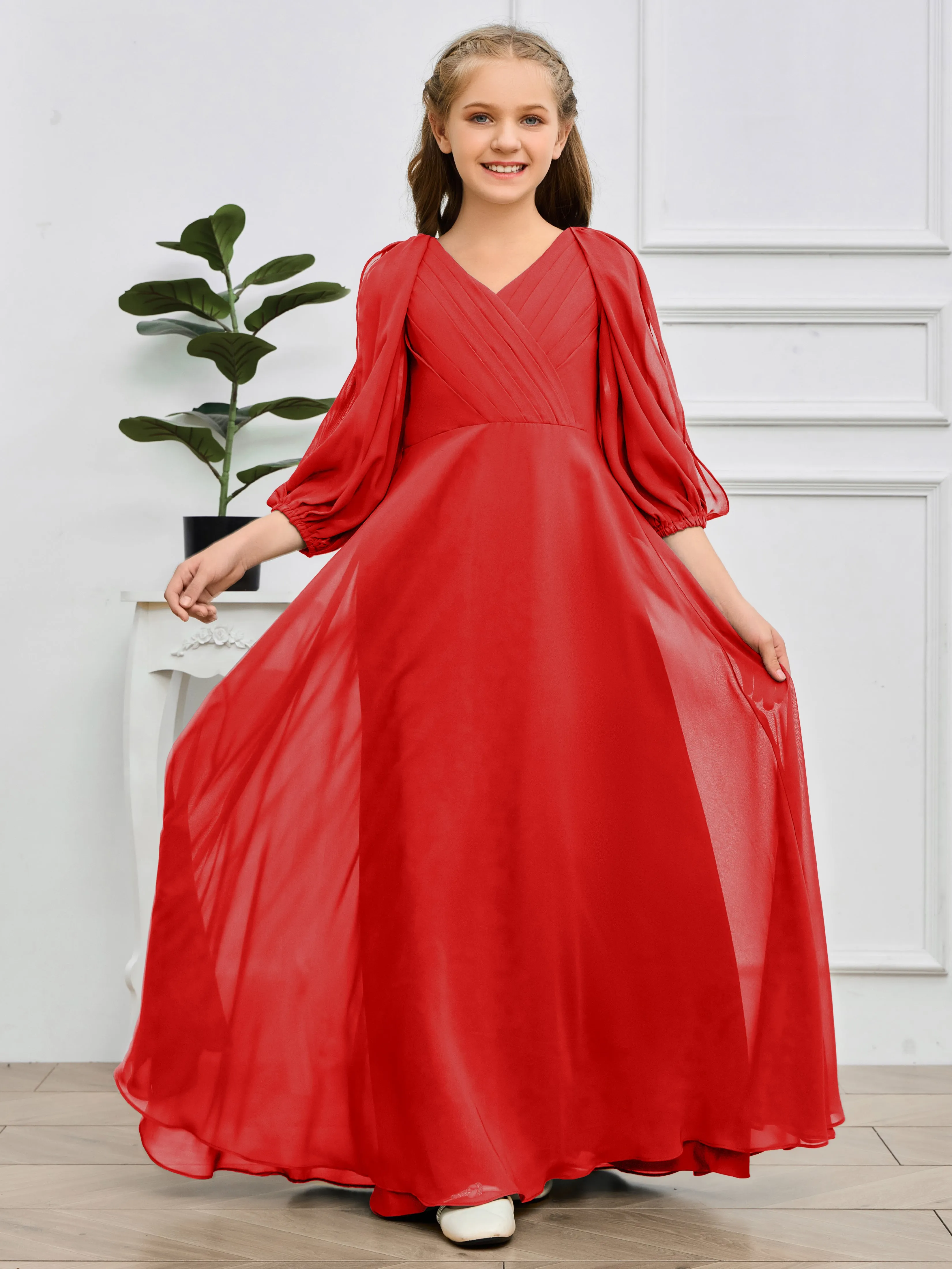 Long Sleeves V Neck Chiffon Junior Bridesmaid Dress