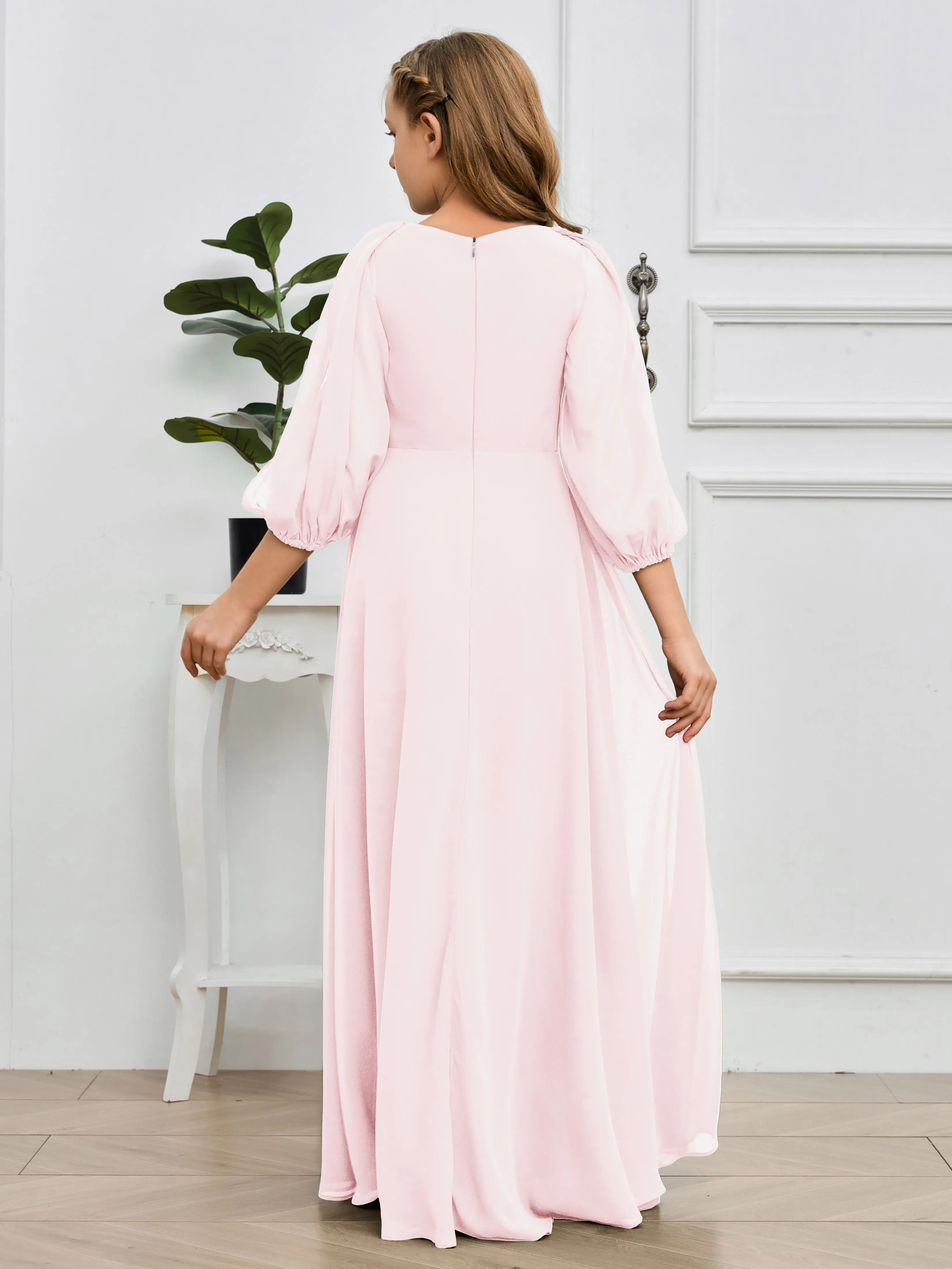 Long Sleeves V Neck Chiffon Junior Bridesmaid Dress