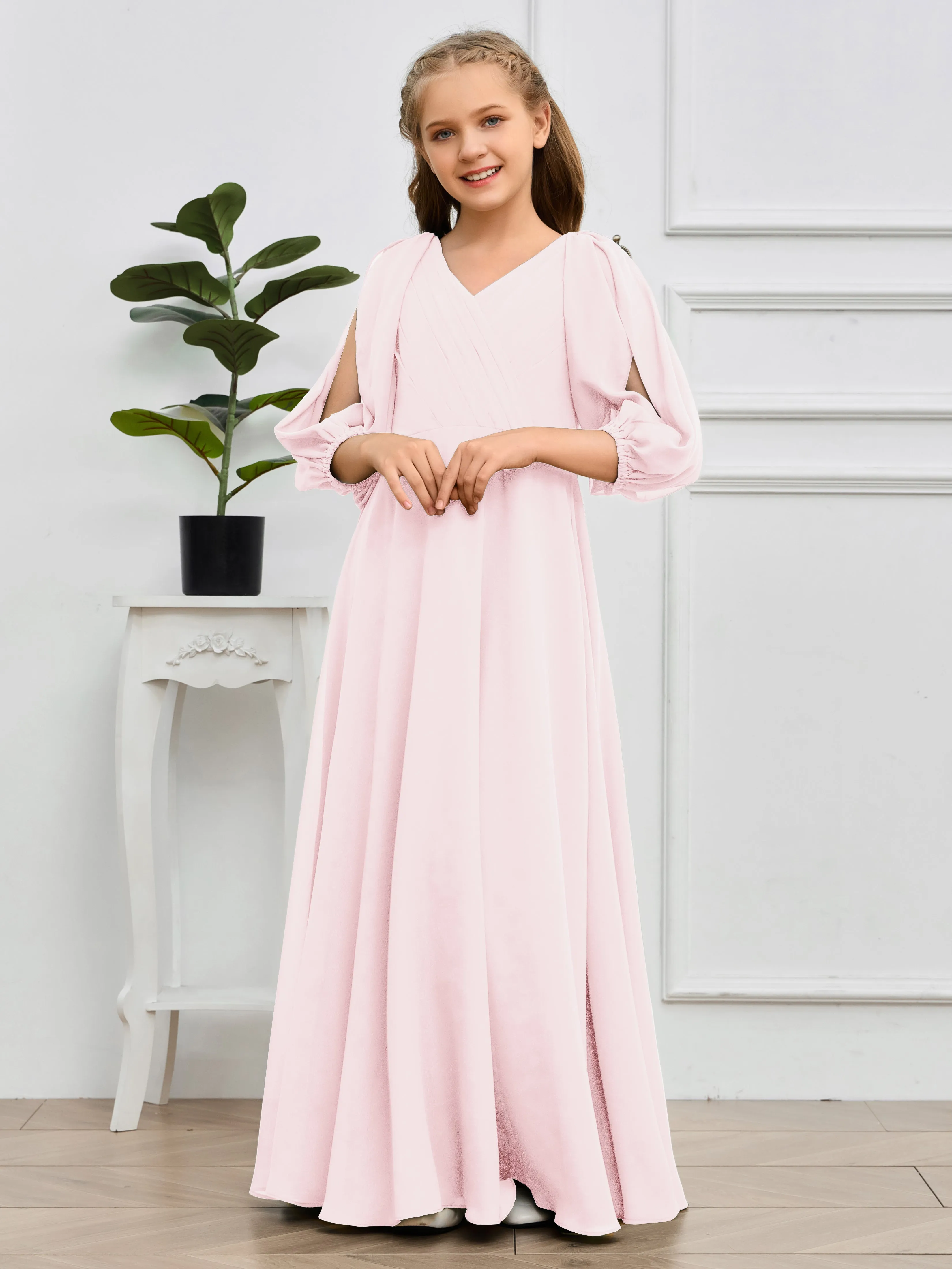 Long Sleeves V Neck Chiffon Junior Bridesmaid Dress