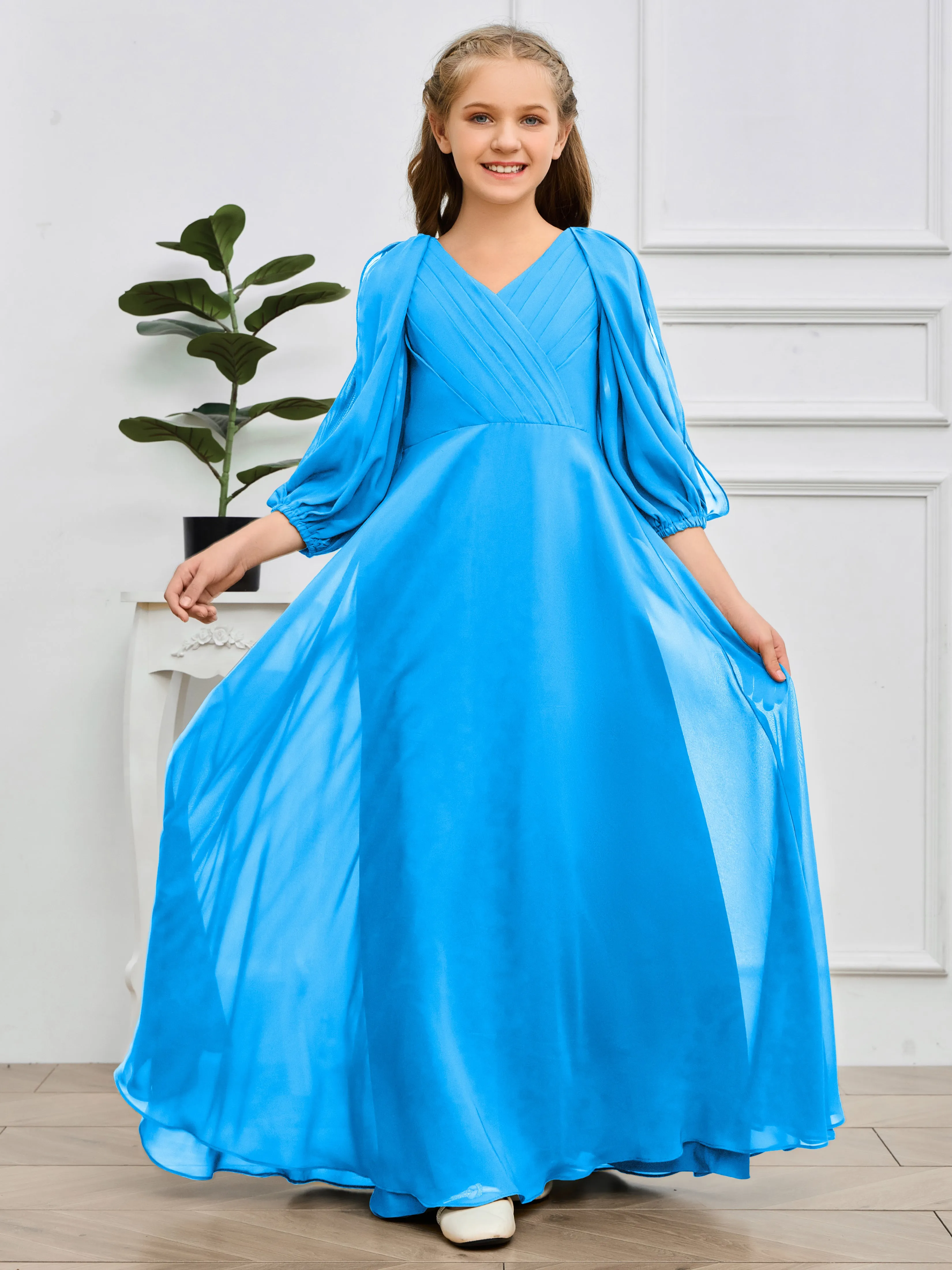 Long Sleeves V Neck Chiffon Junior Bridesmaid Dress