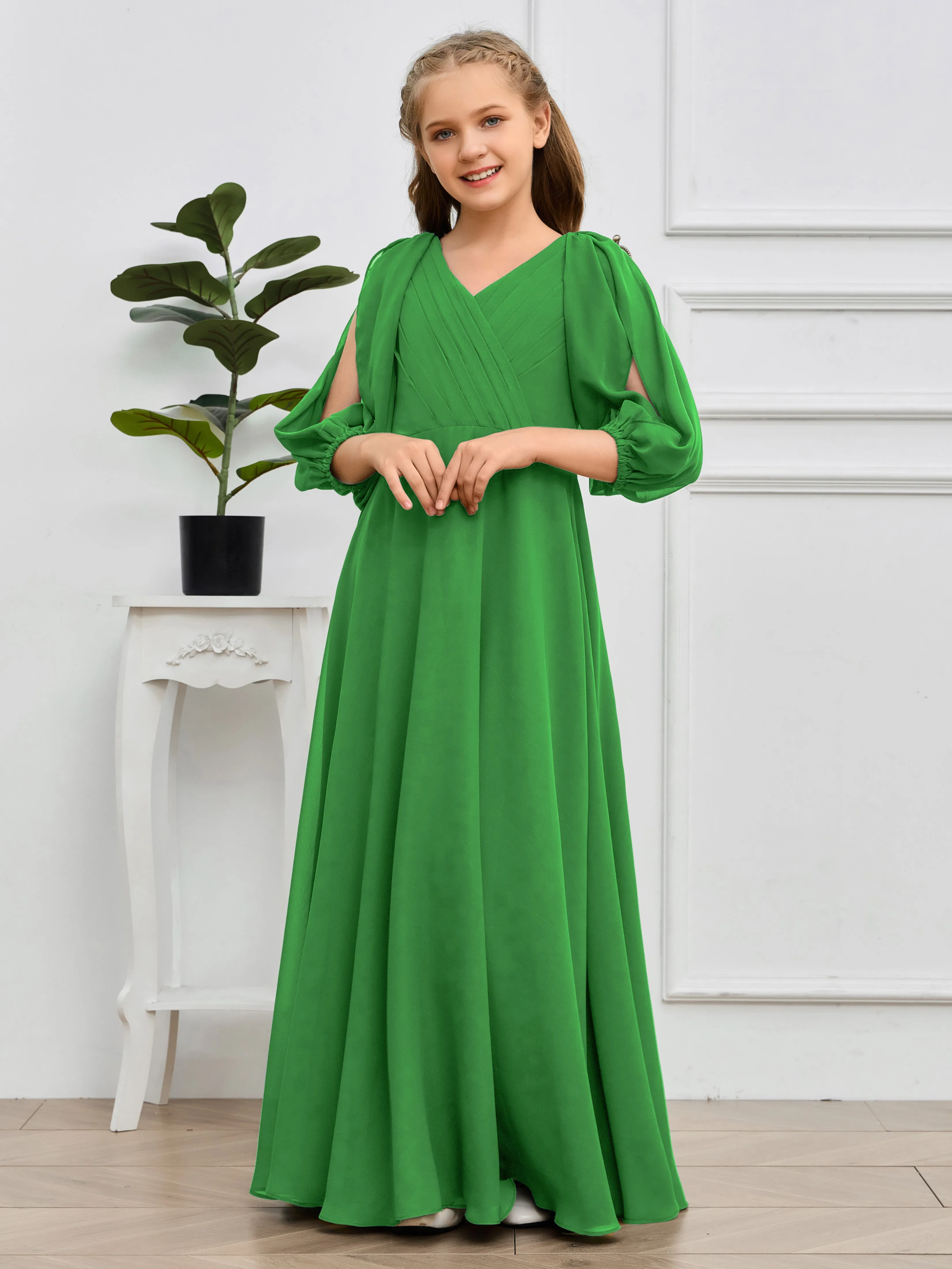 Long Sleeves V Neck Chiffon Junior Bridesmaid Dress