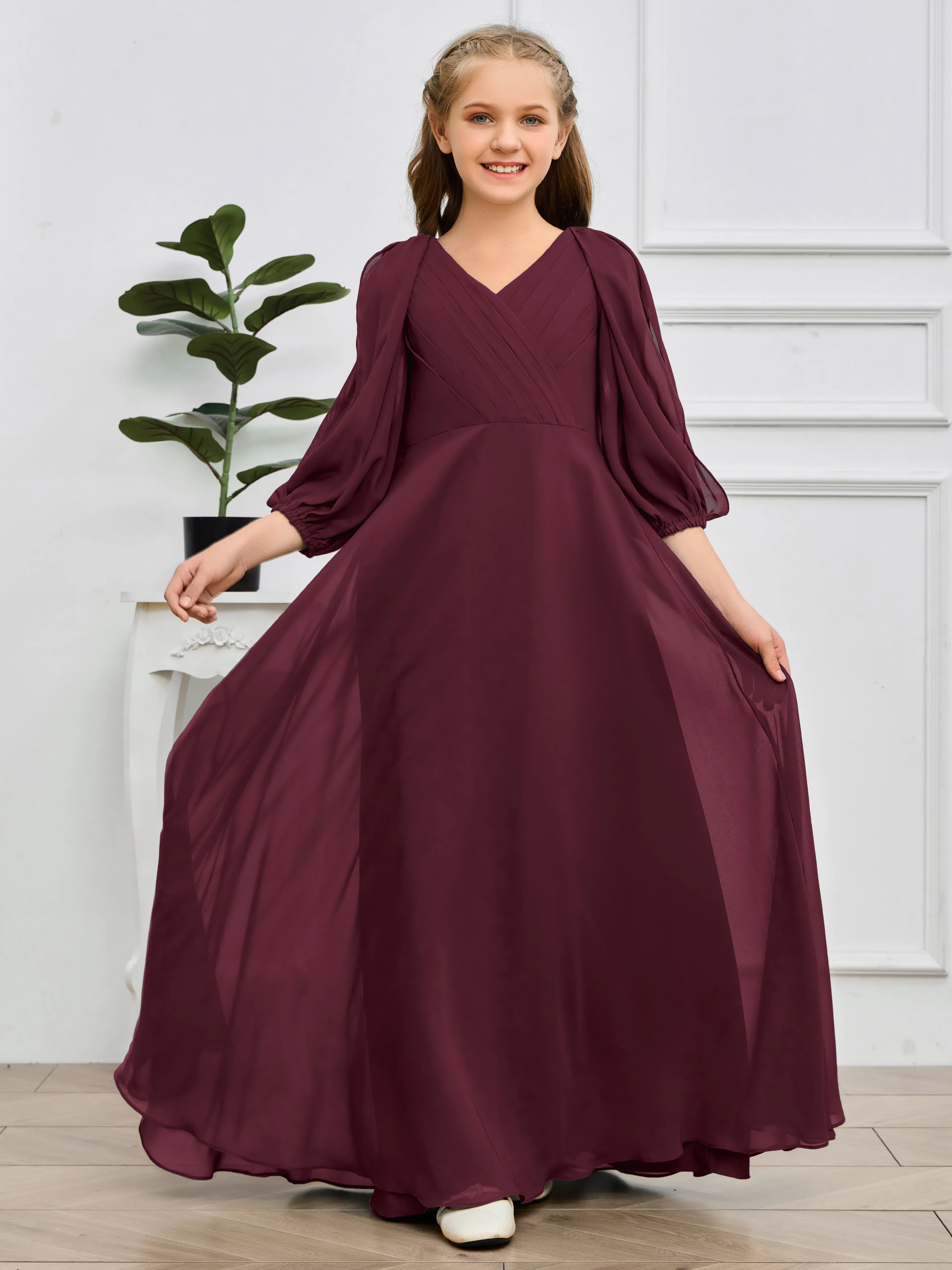 Long Sleeves V Neck Chiffon Junior Bridesmaid Dress