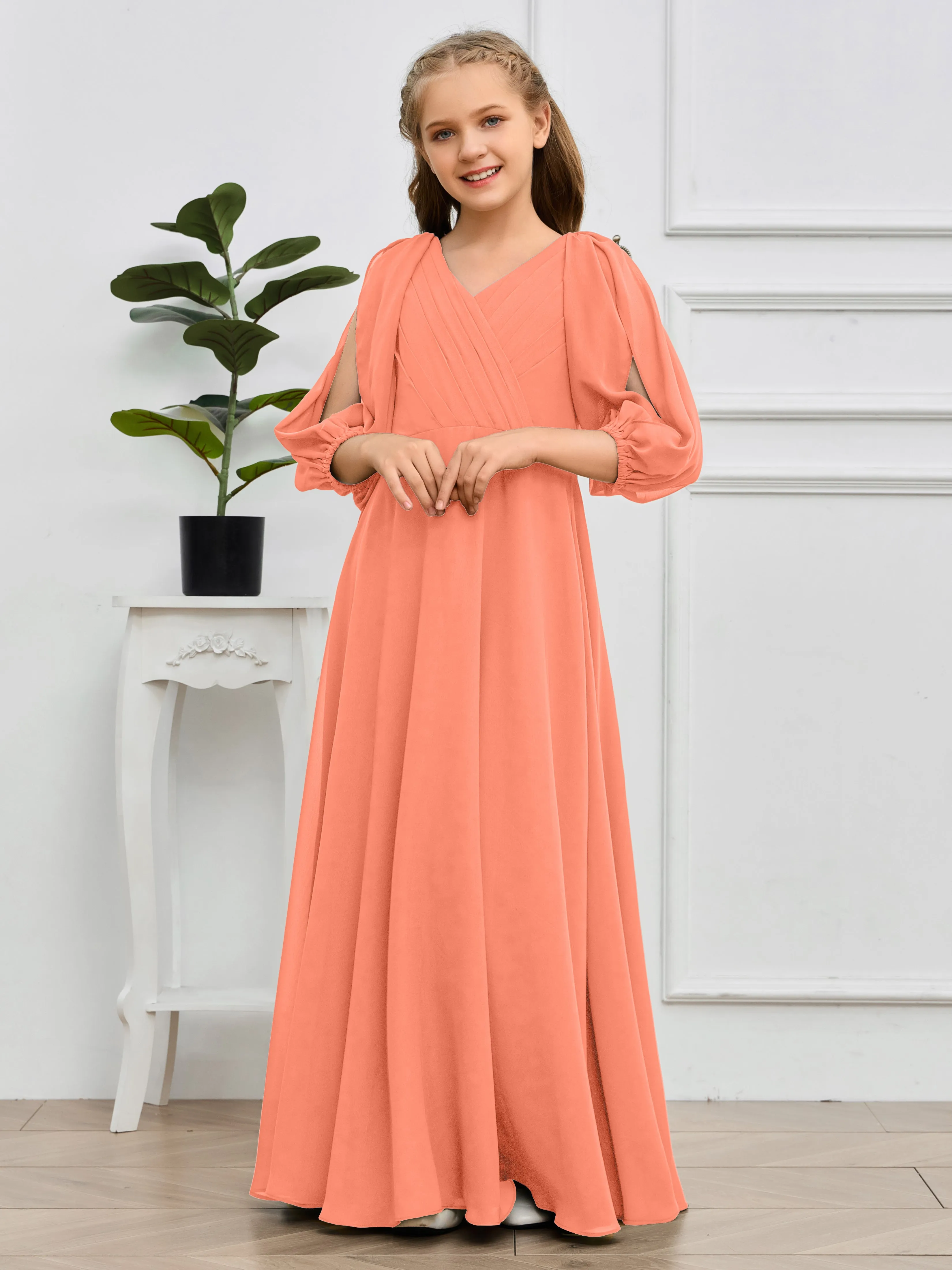 Long Sleeves V Neck Chiffon Junior Bridesmaid Dress