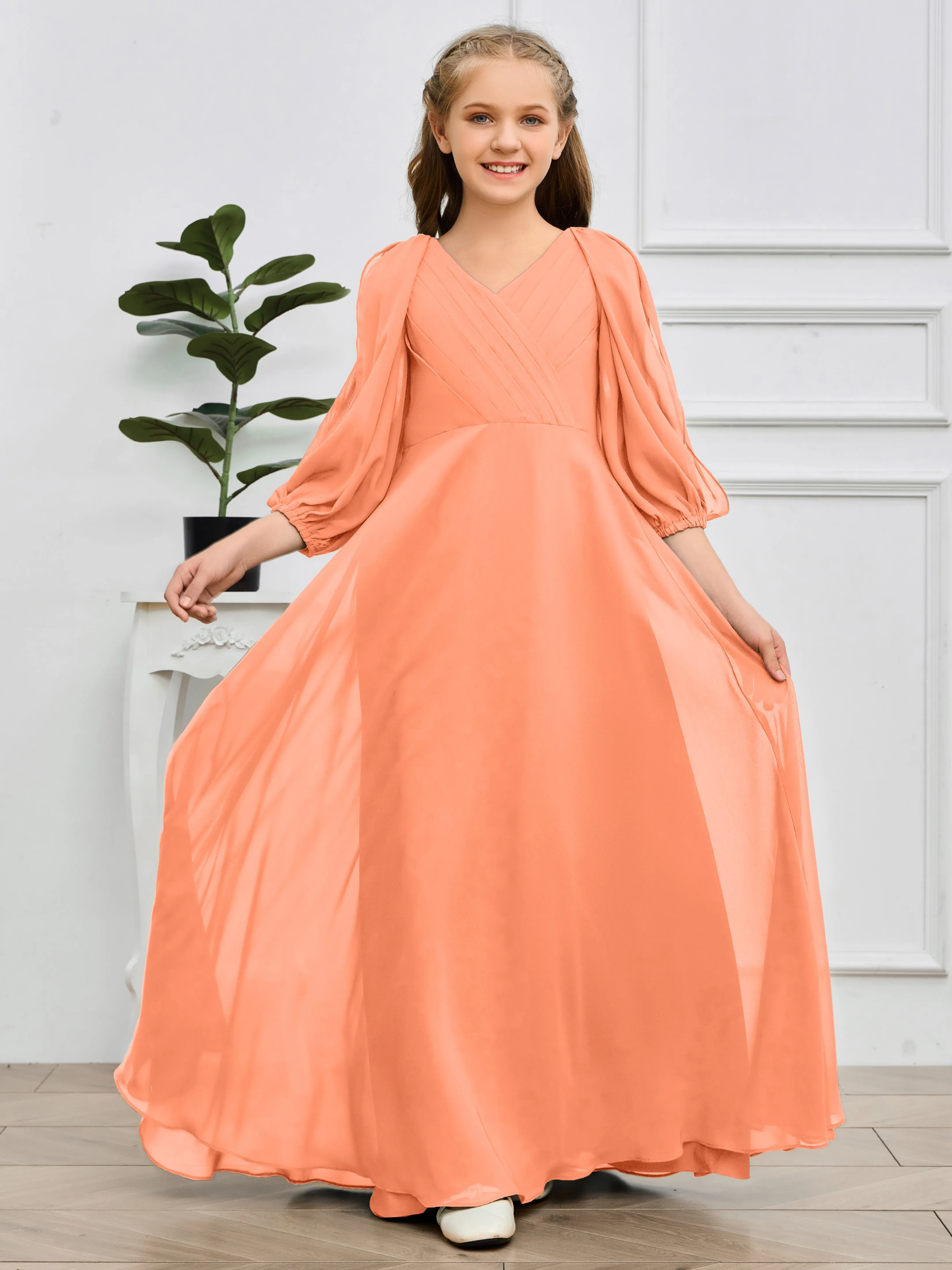 Long Sleeves V Neck Chiffon Junior Bridesmaid Dress