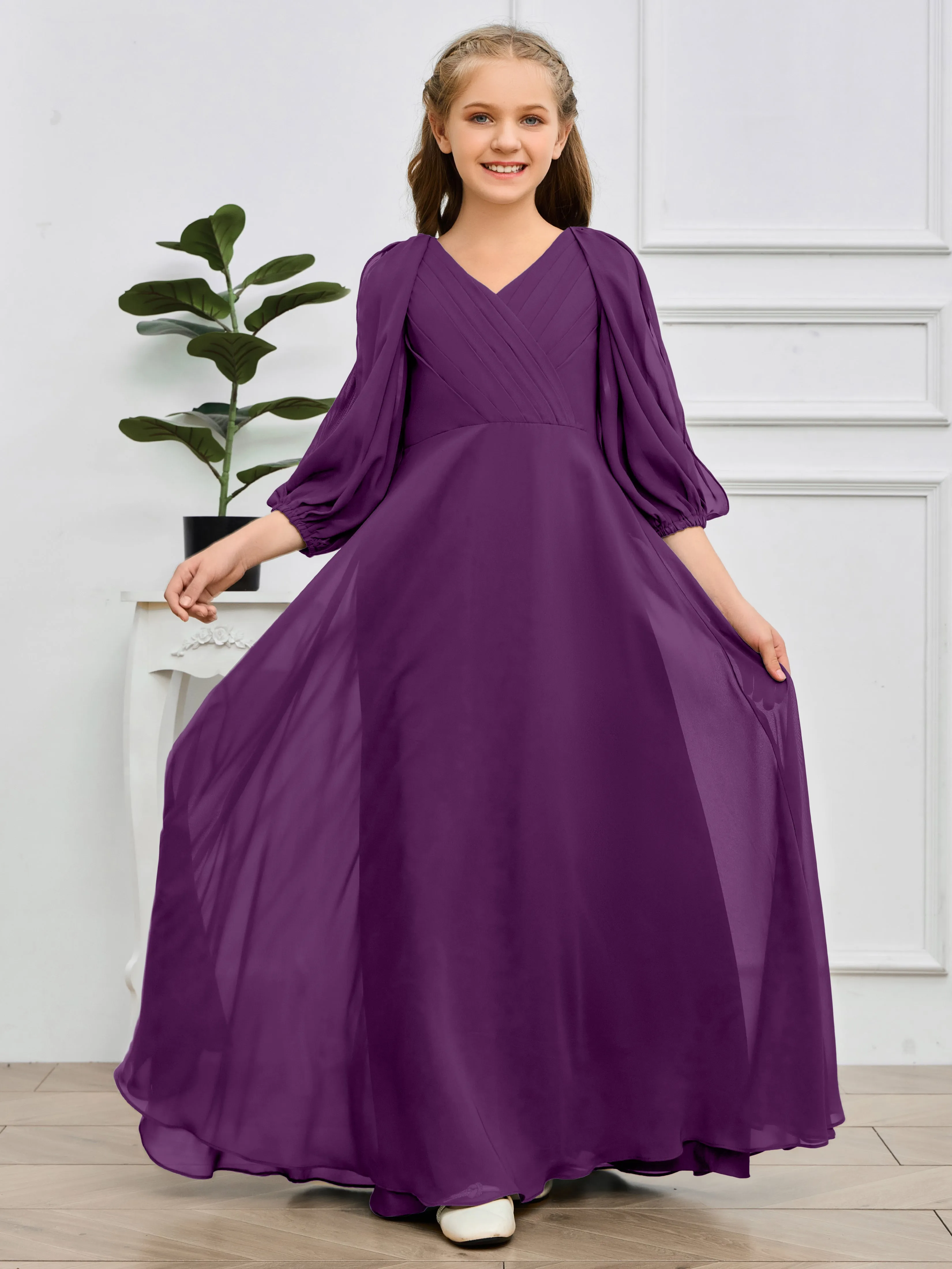 Long Sleeves V Neck Chiffon Junior Bridesmaid Dress