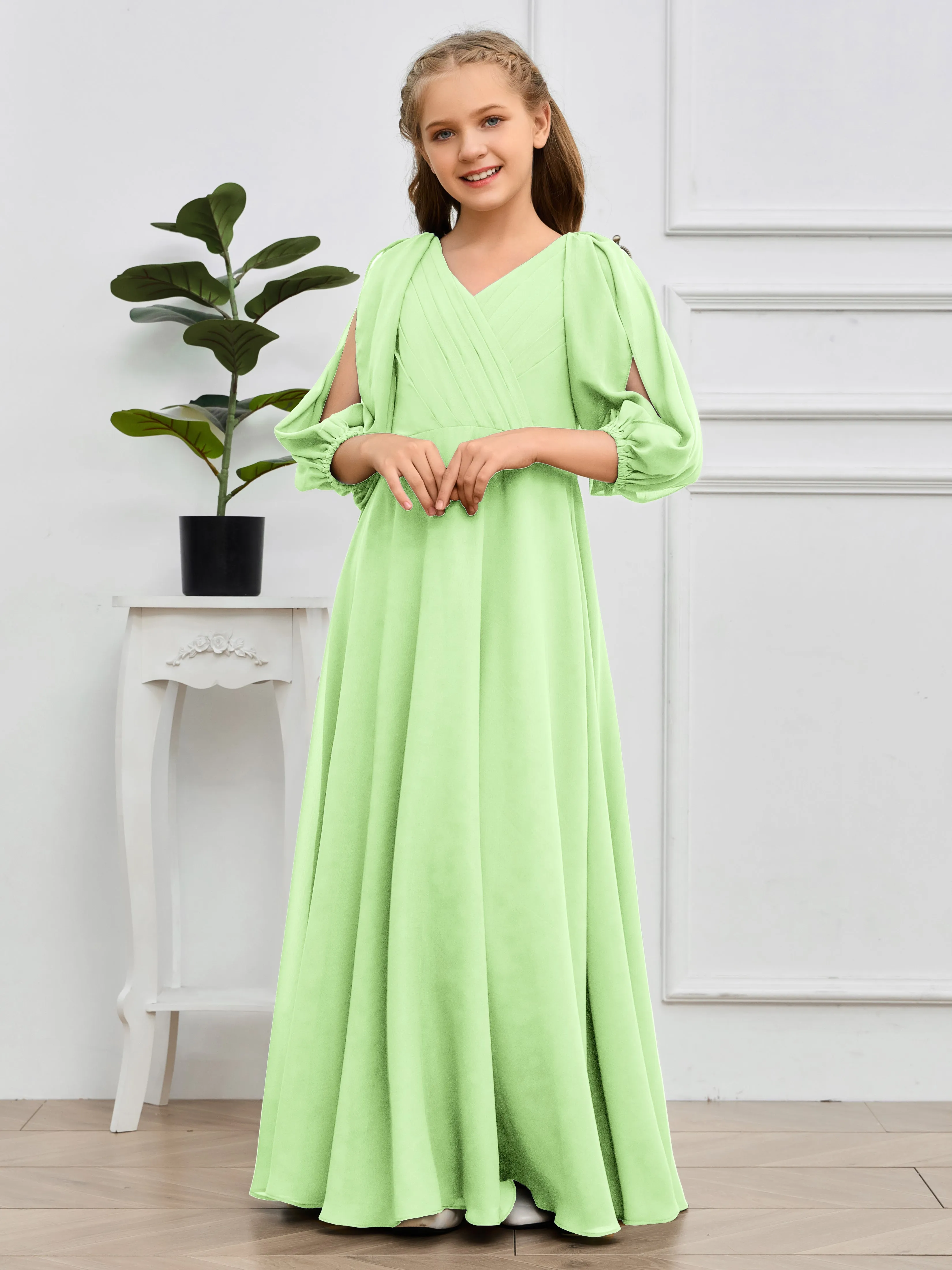 Long Sleeves V Neck Chiffon Junior Bridesmaid Dress