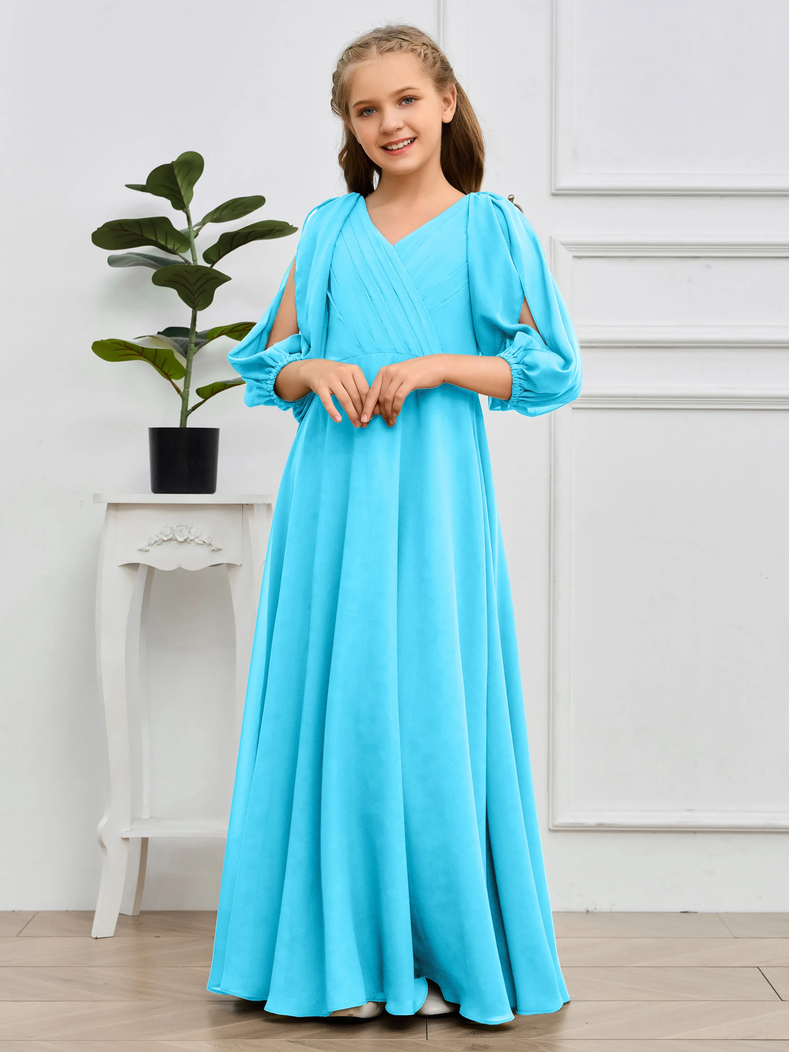 Long Sleeves V Neck Chiffon Junior Bridesmaid Dress