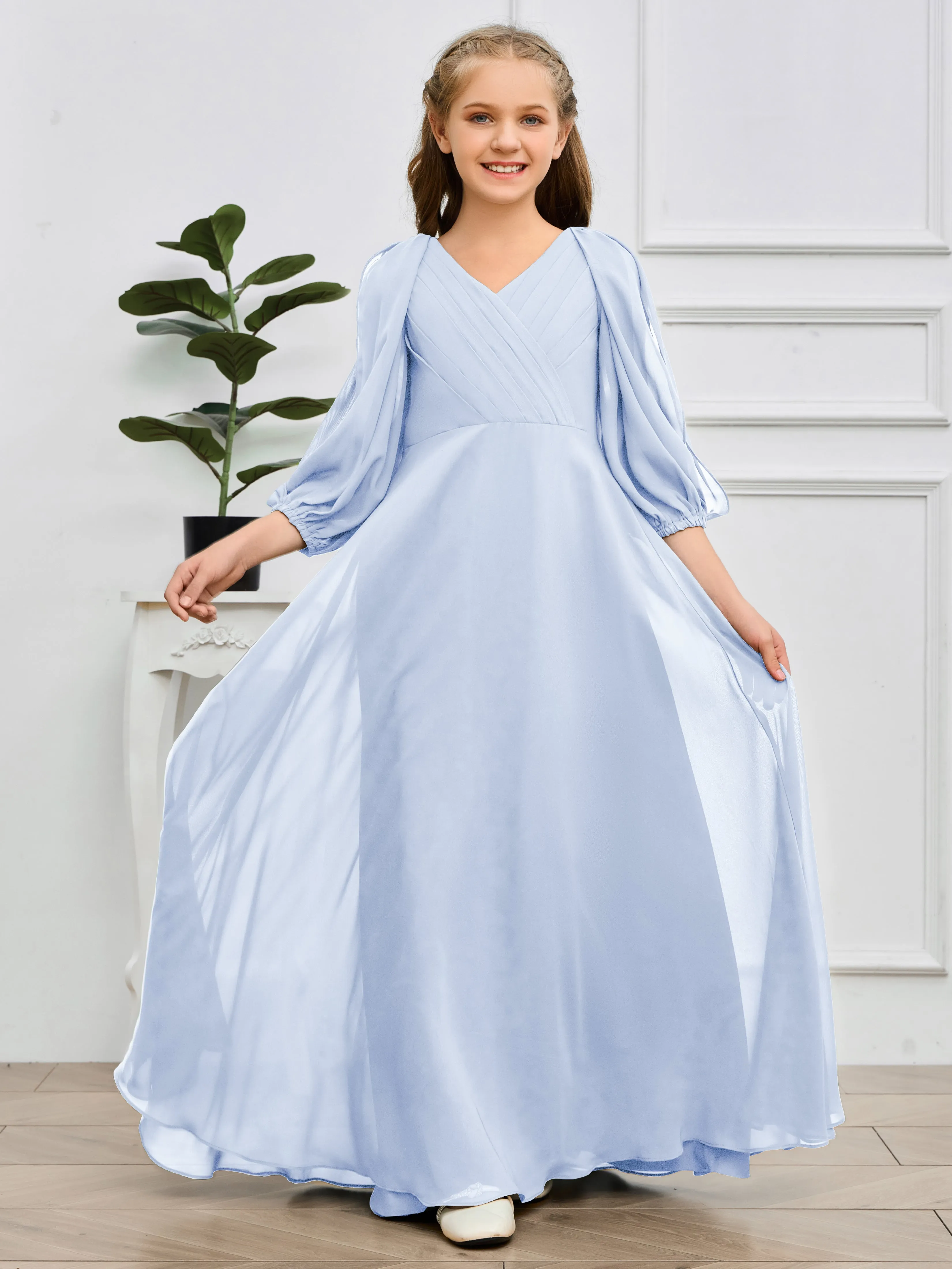 Long Sleeves V Neck Chiffon Junior Bridesmaid Dress