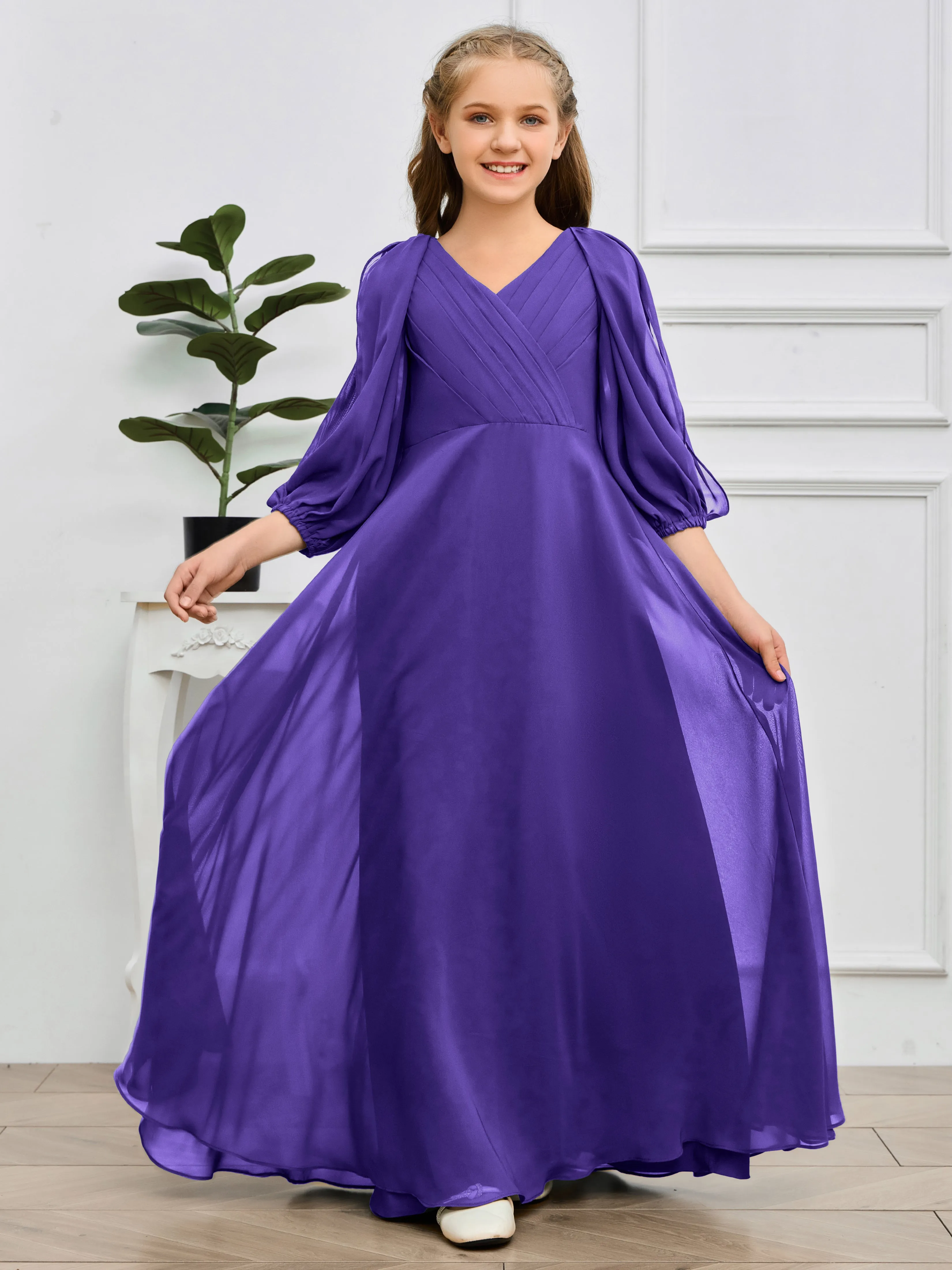 Long Sleeves V Neck Chiffon Junior Bridesmaid Dress