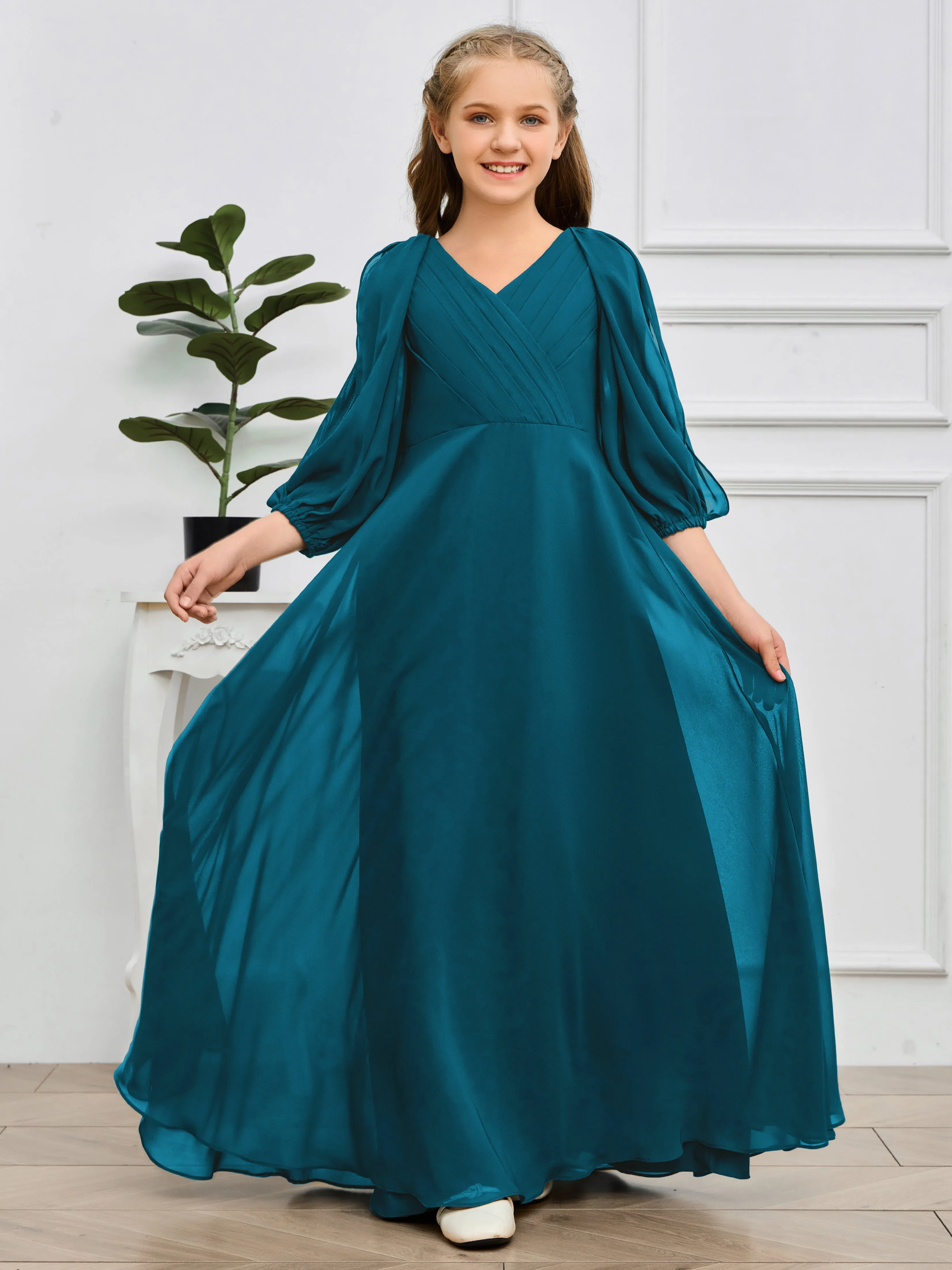 Long Sleeves V Neck Chiffon Junior Bridesmaid Dress