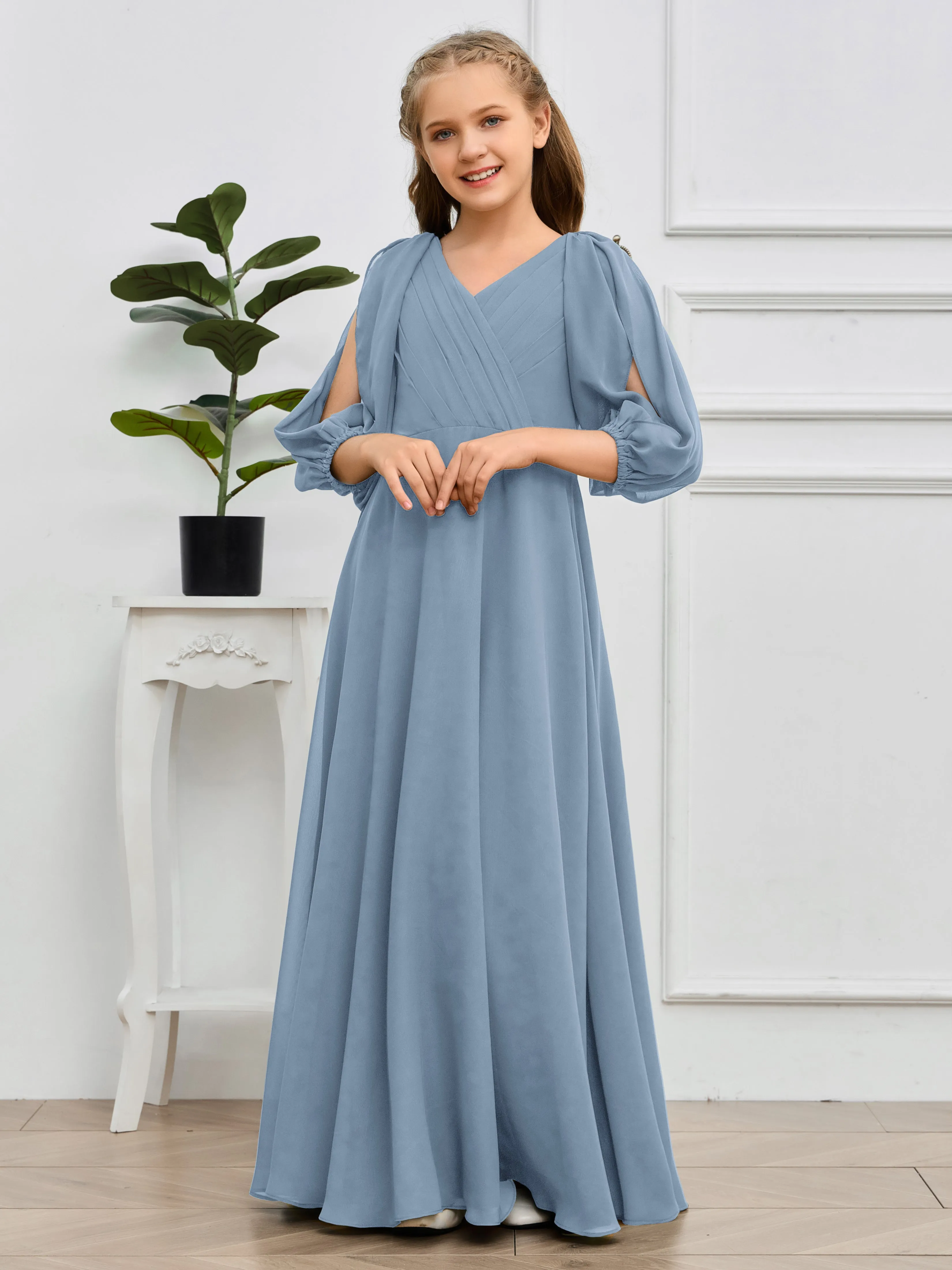 Long Sleeves V Neck Chiffon Junior Bridesmaid Dress