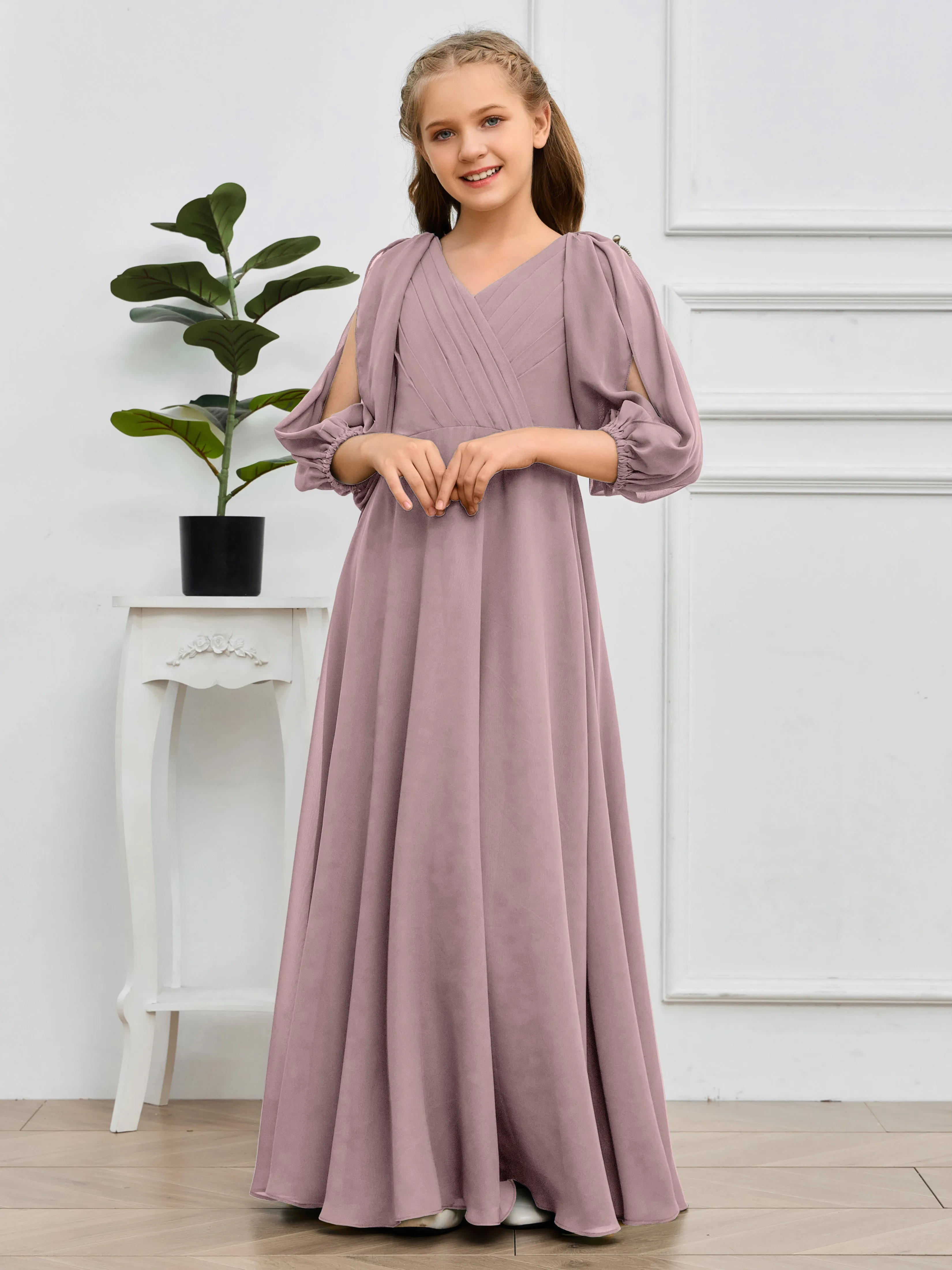 Long Sleeves V Neck Chiffon Junior Bridesmaid Dress