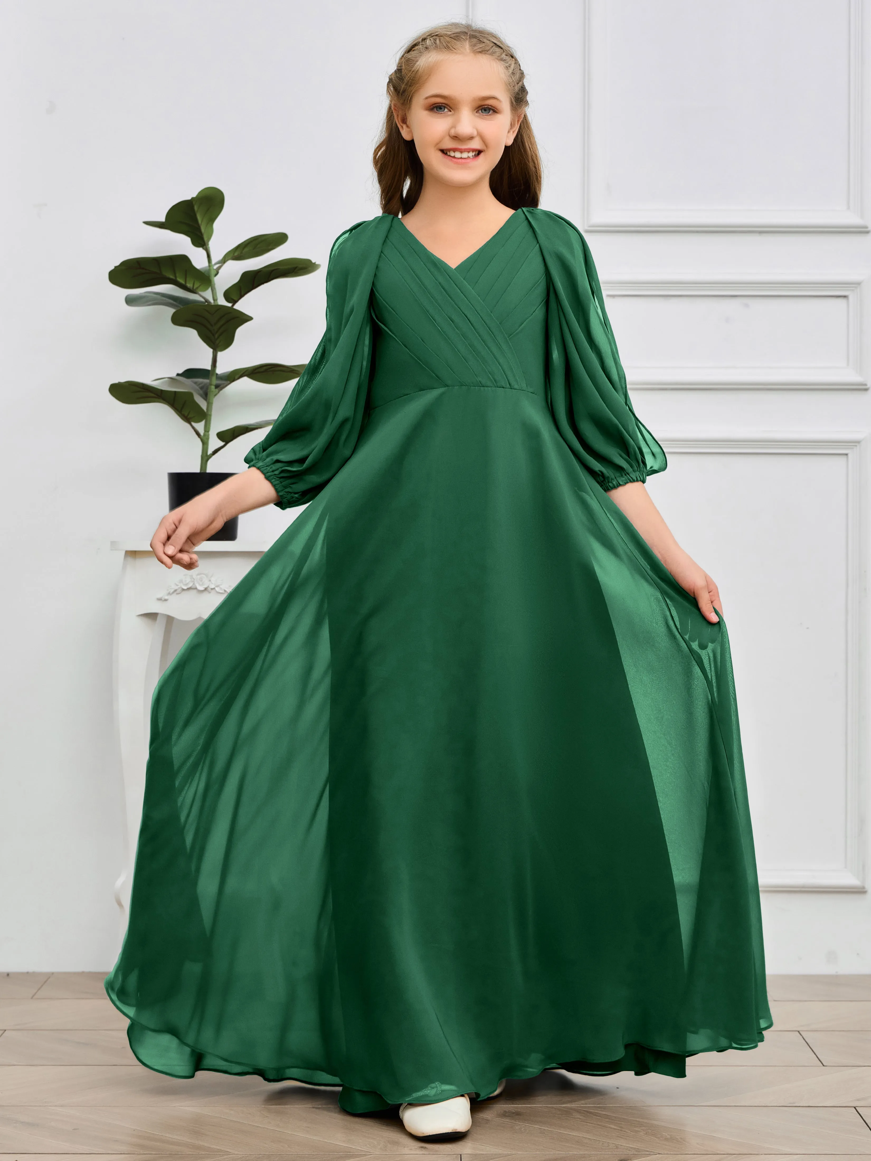 Long Sleeves V Neck Chiffon Junior Bridesmaid Dress