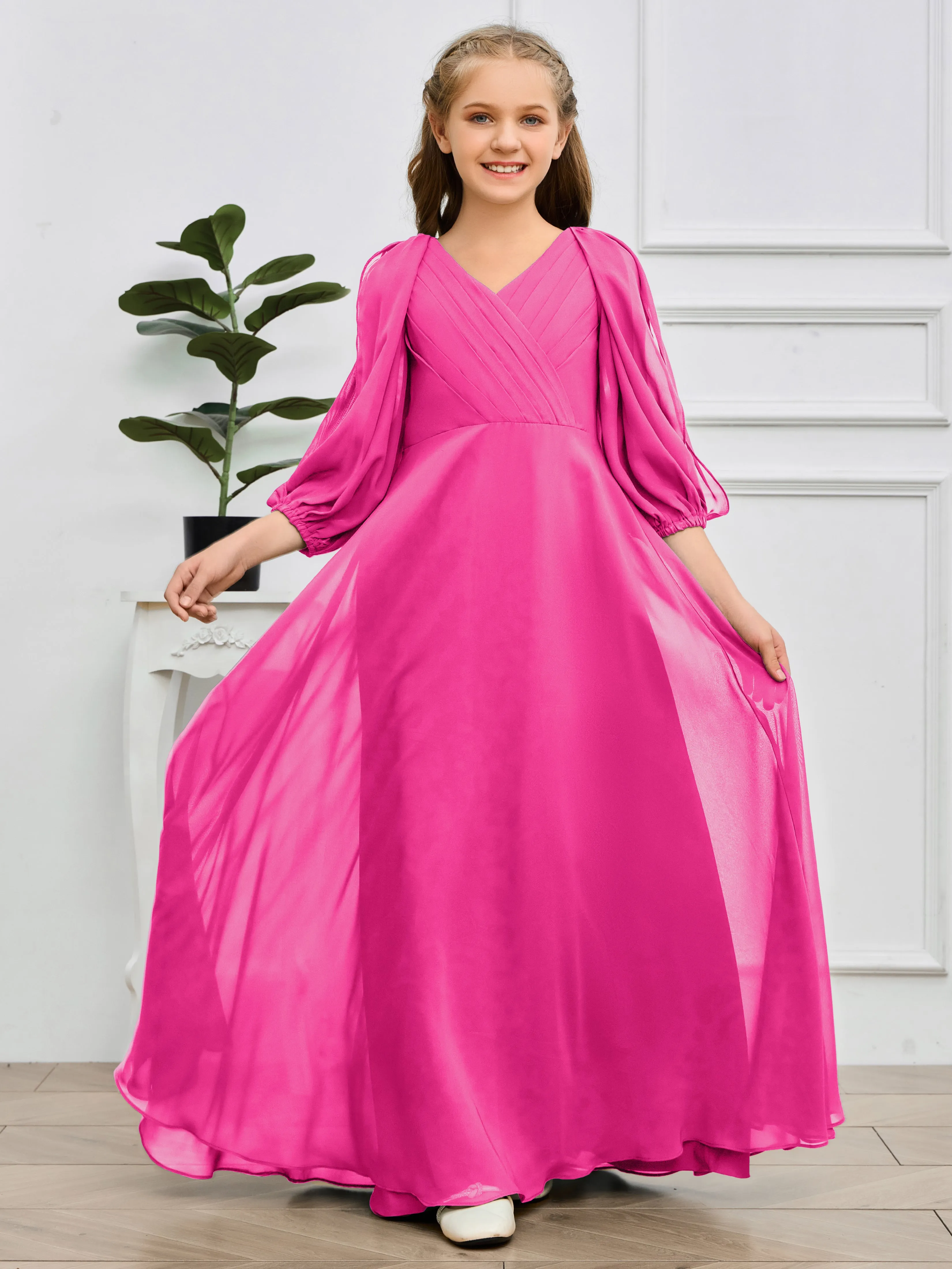 Long Sleeves V Neck Chiffon Junior Bridesmaid Dress