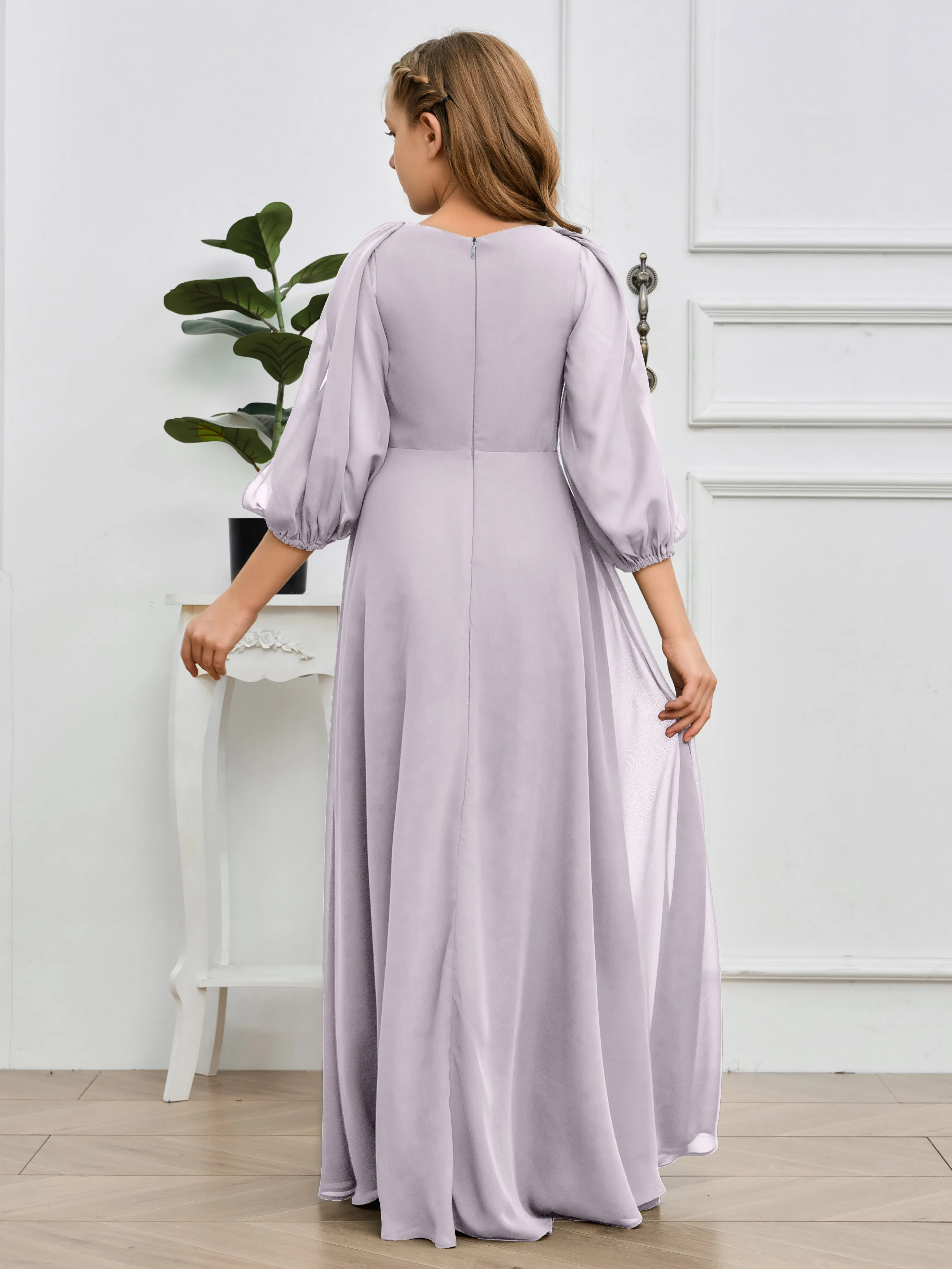 Long Sleeves V Neck Chiffon Junior Bridesmaid Dress