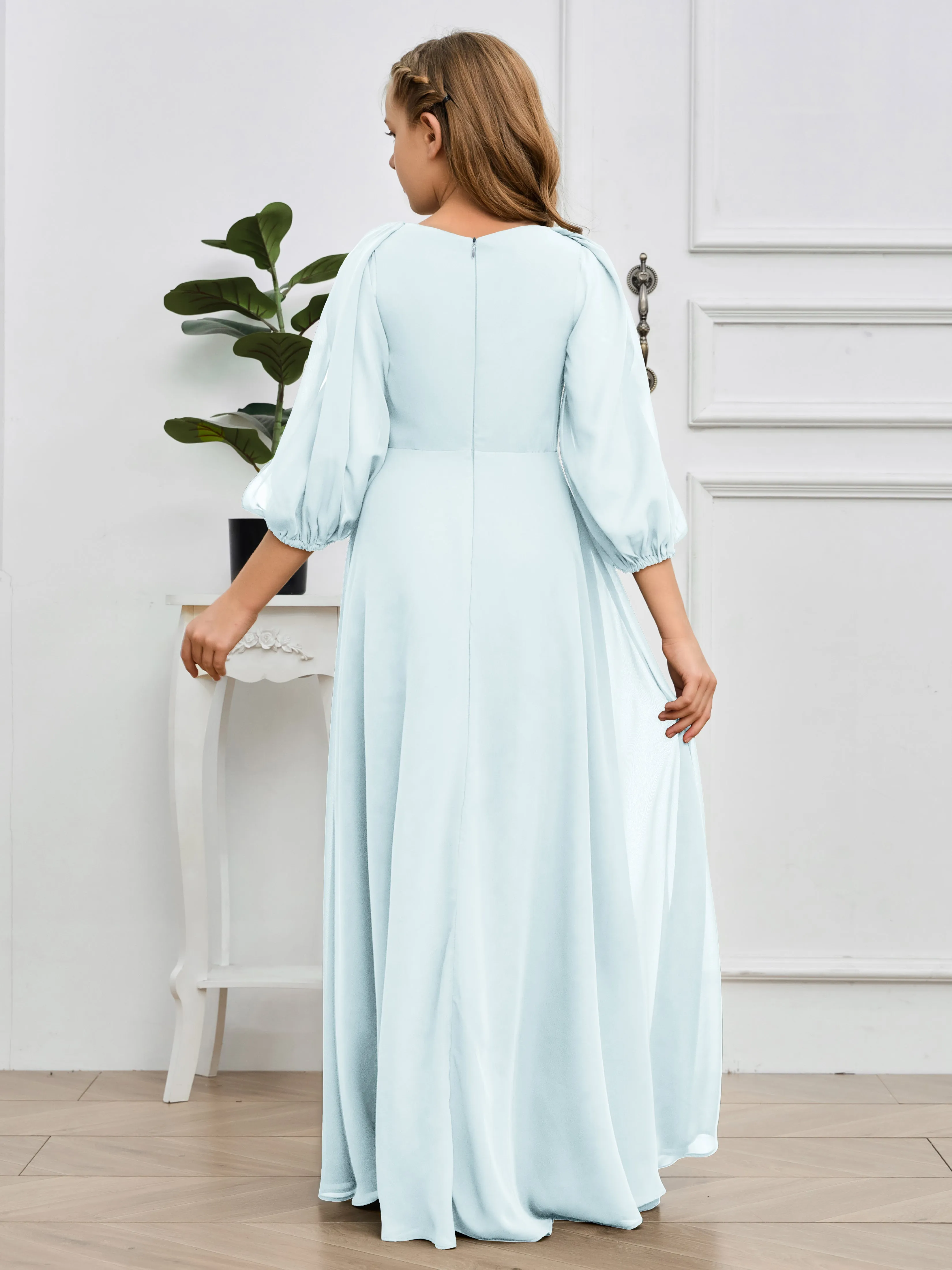 Long Sleeves V Neck Chiffon Junior Bridesmaid Dress