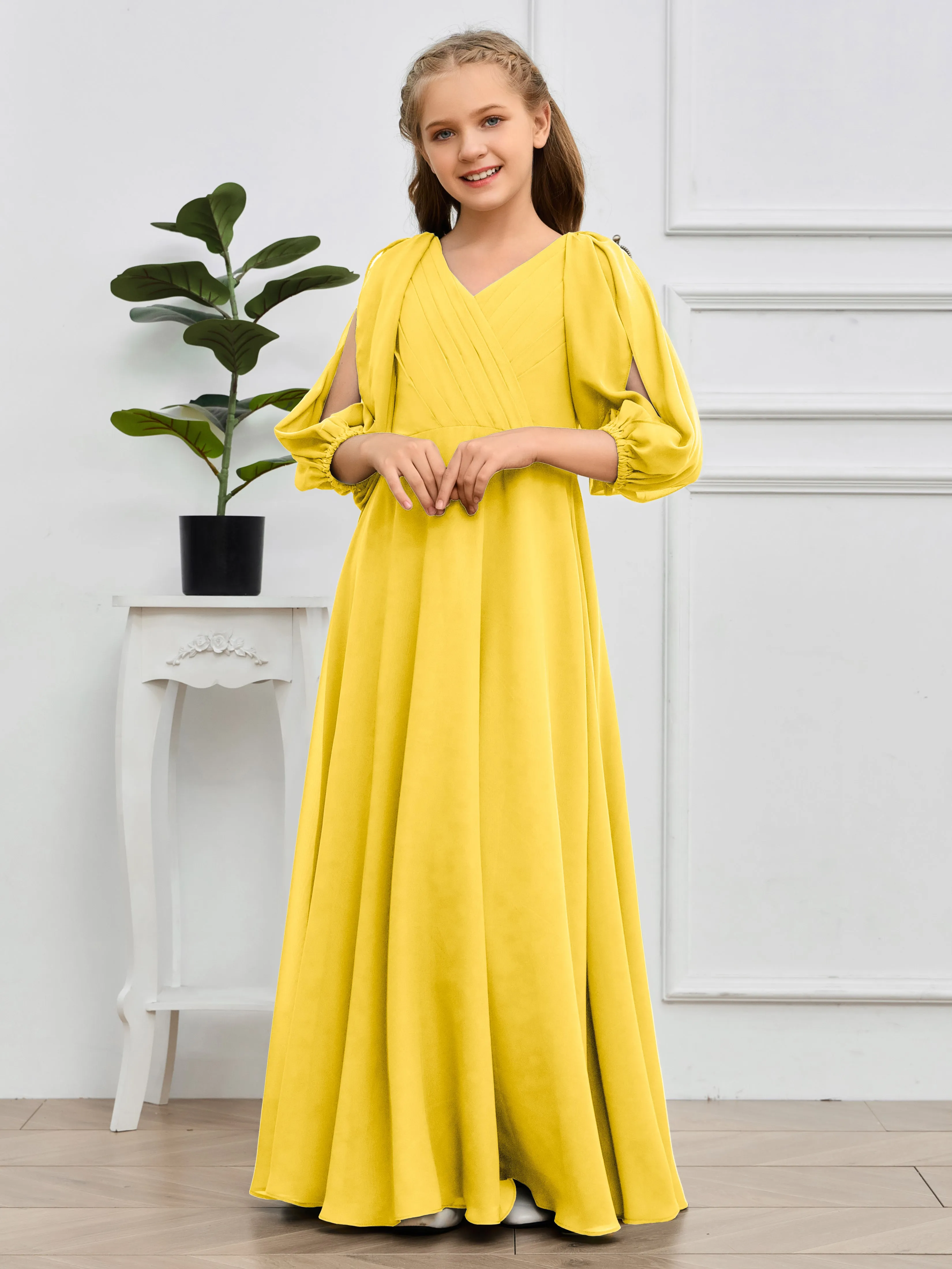 Long Sleeves V Neck Chiffon Junior Bridesmaid Dress