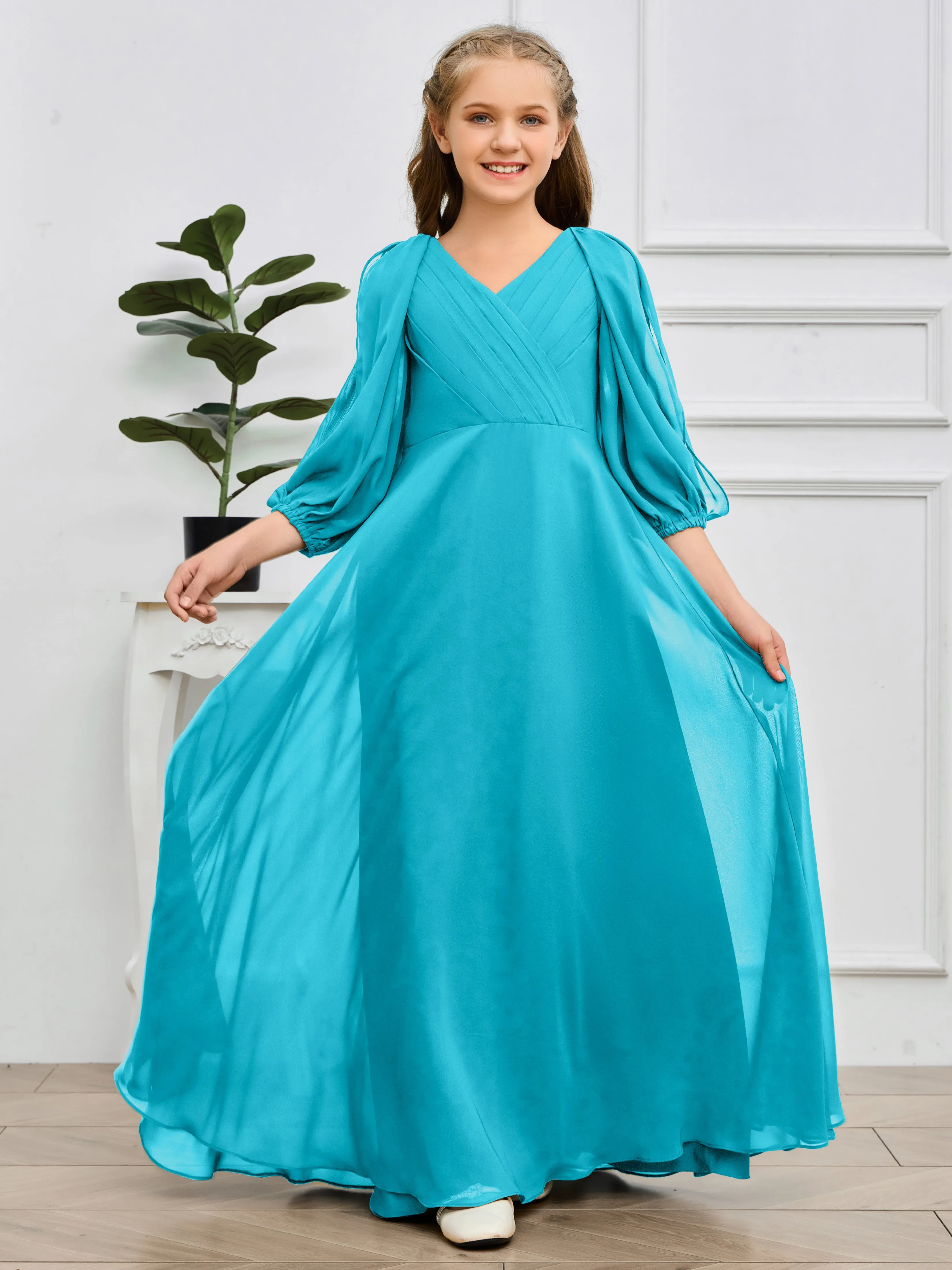 Long Sleeves V Neck Chiffon Junior Bridesmaid Dress