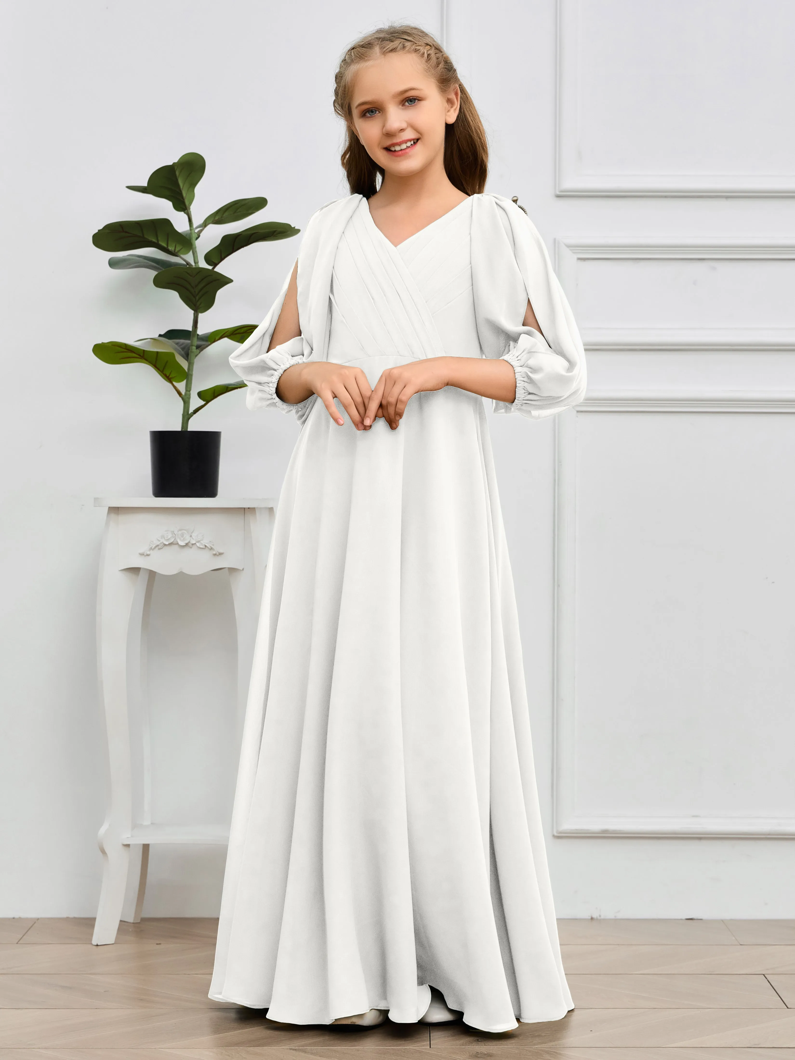 Long Sleeves V Neck Chiffon Junior Bridesmaid Dress