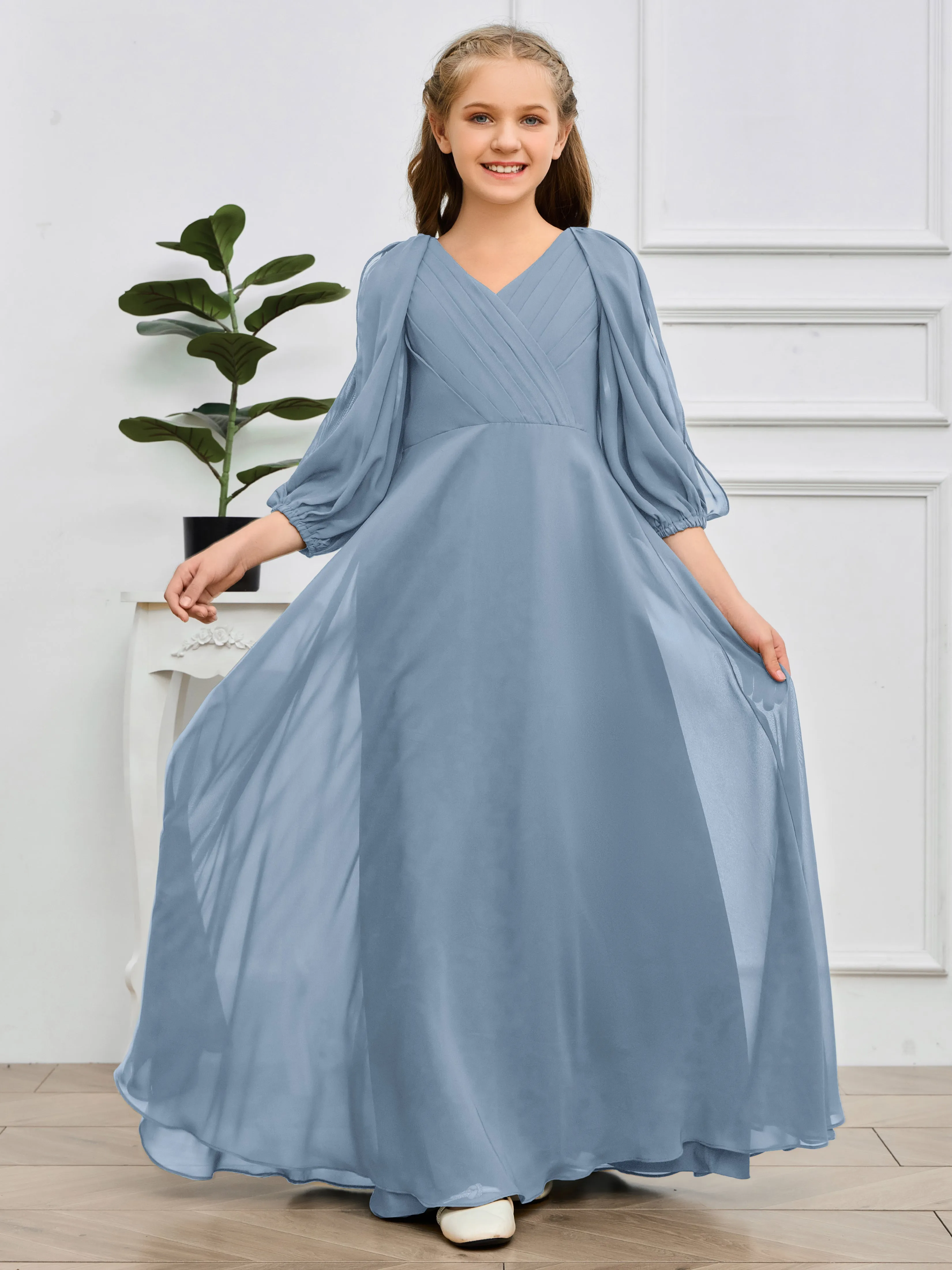 Long Sleeves V Neck Chiffon Junior Bridesmaid Dress