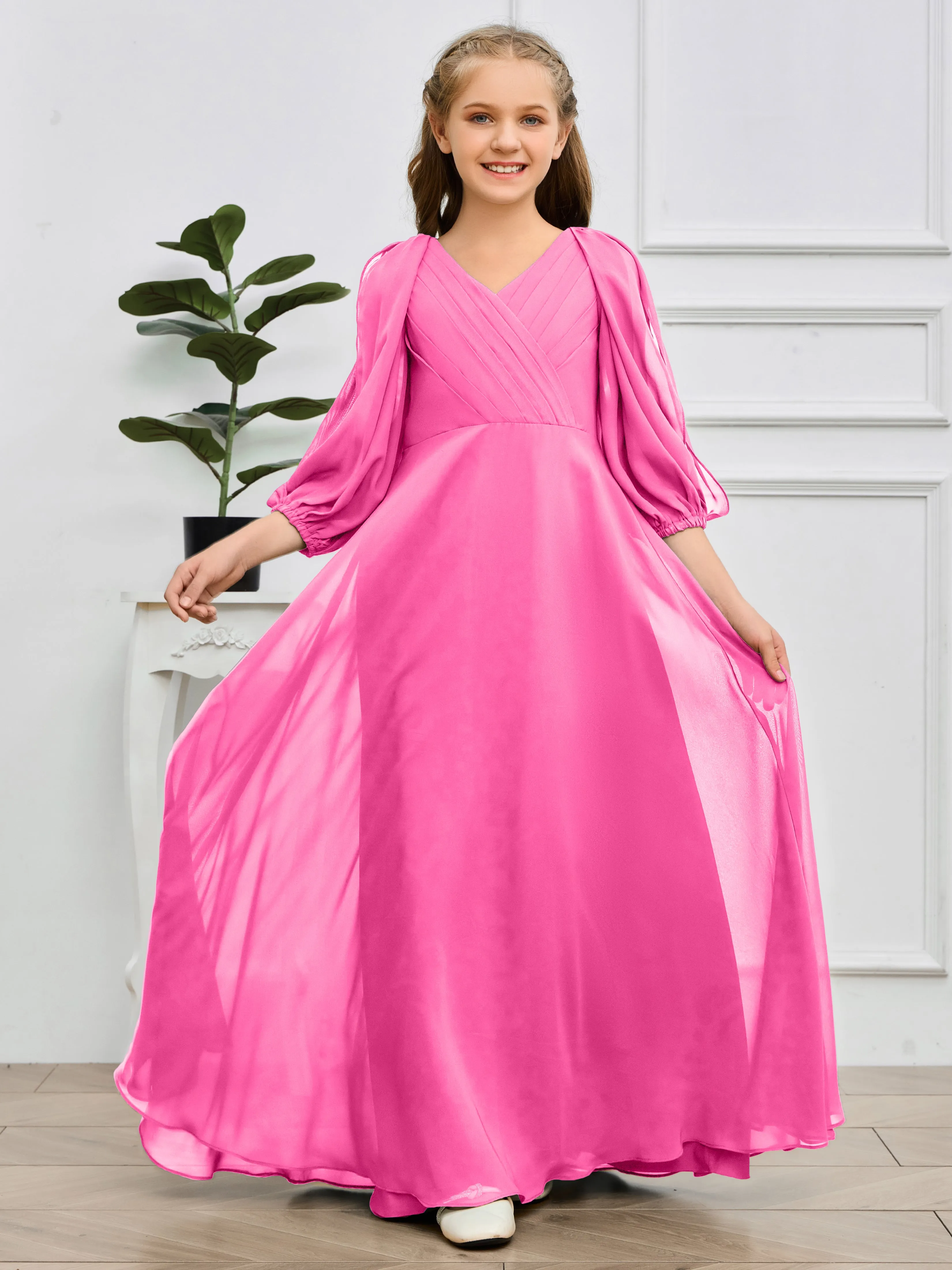 Long Sleeves V Neck Chiffon Junior Bridesmaid Dress