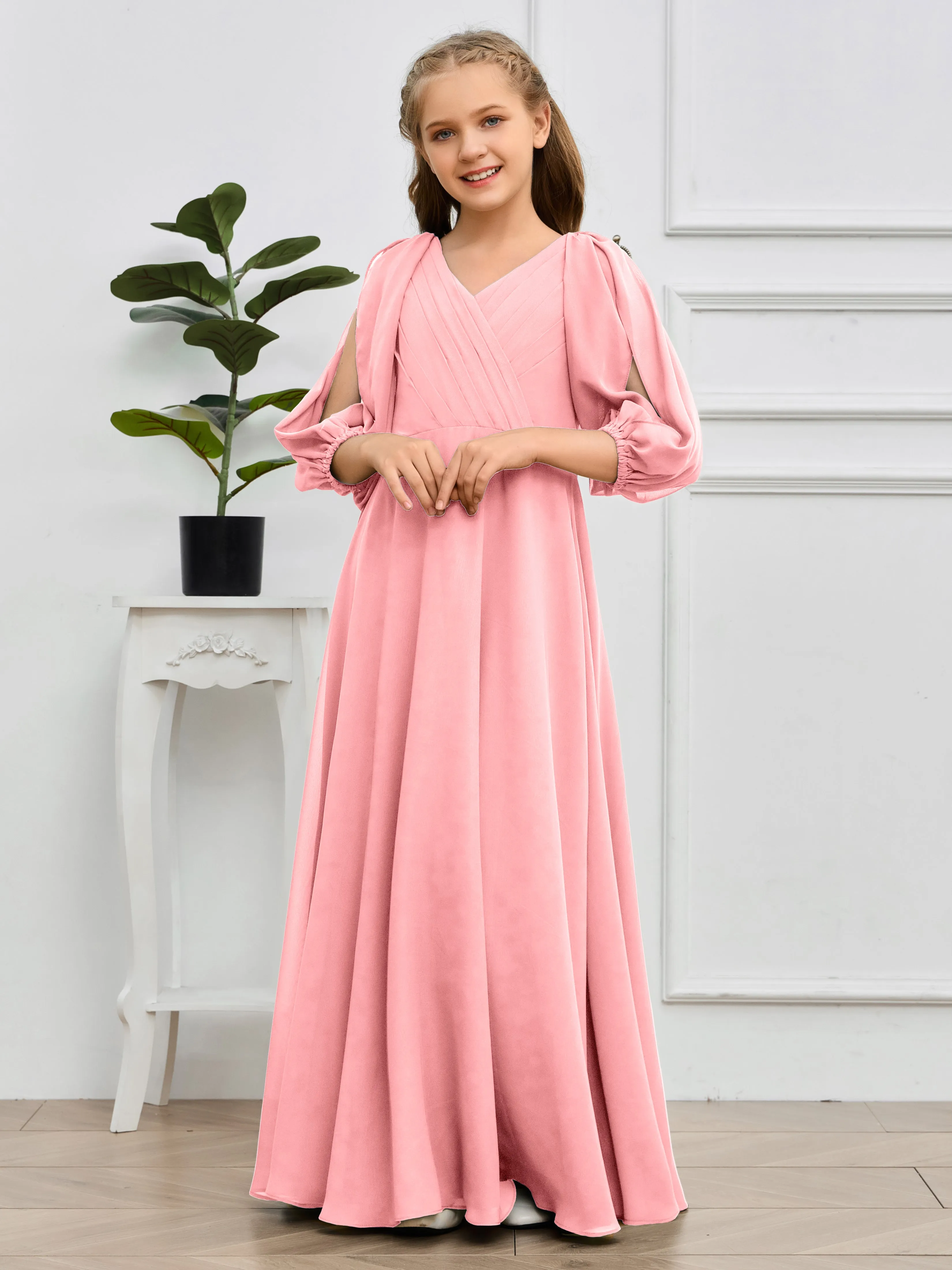 Long Sleeves V Neck Chiffon Junior Bridesmaid Dress