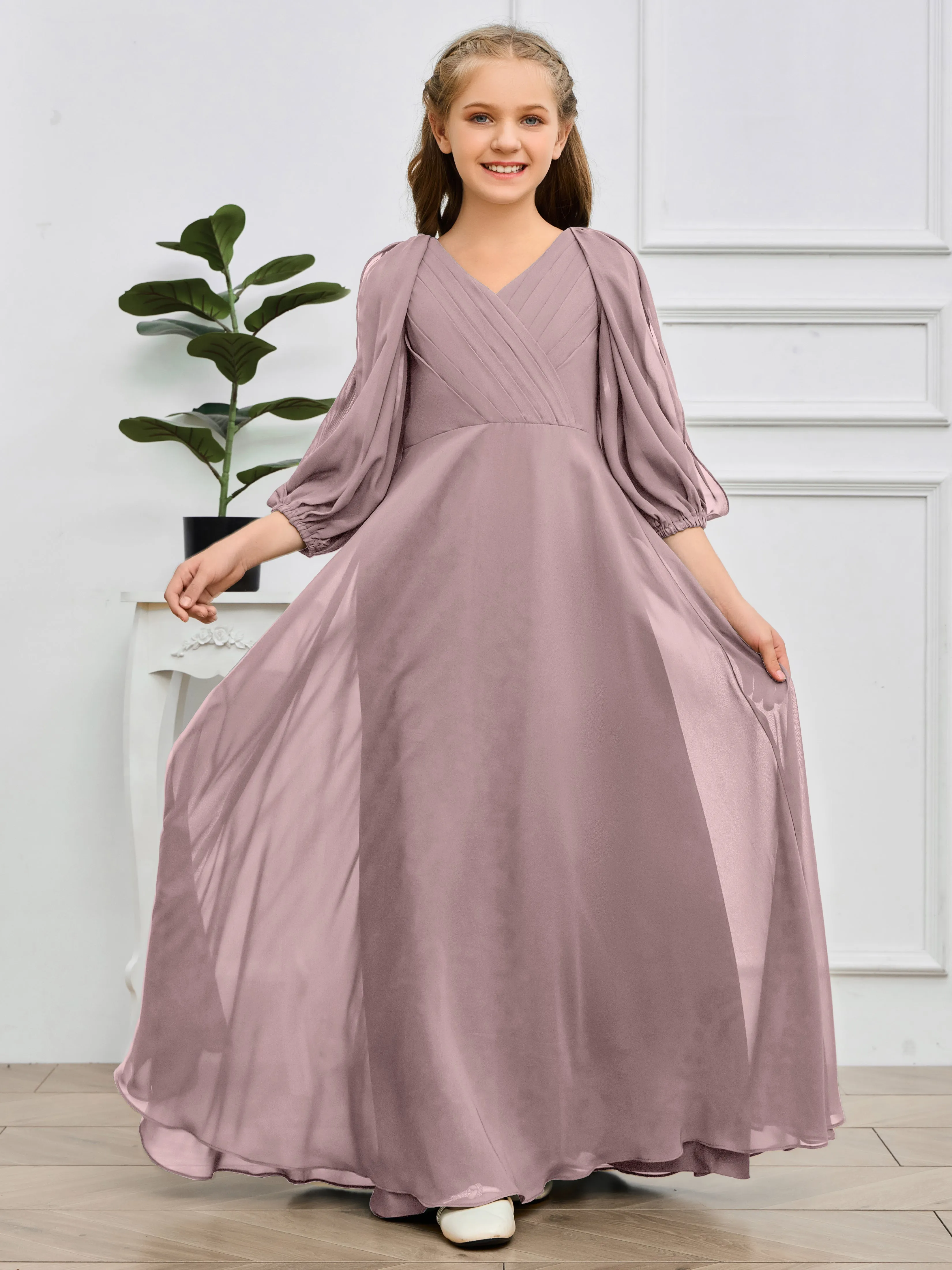 Long Sleeves V Neck Chiffon Junior Bridesmaid Dress