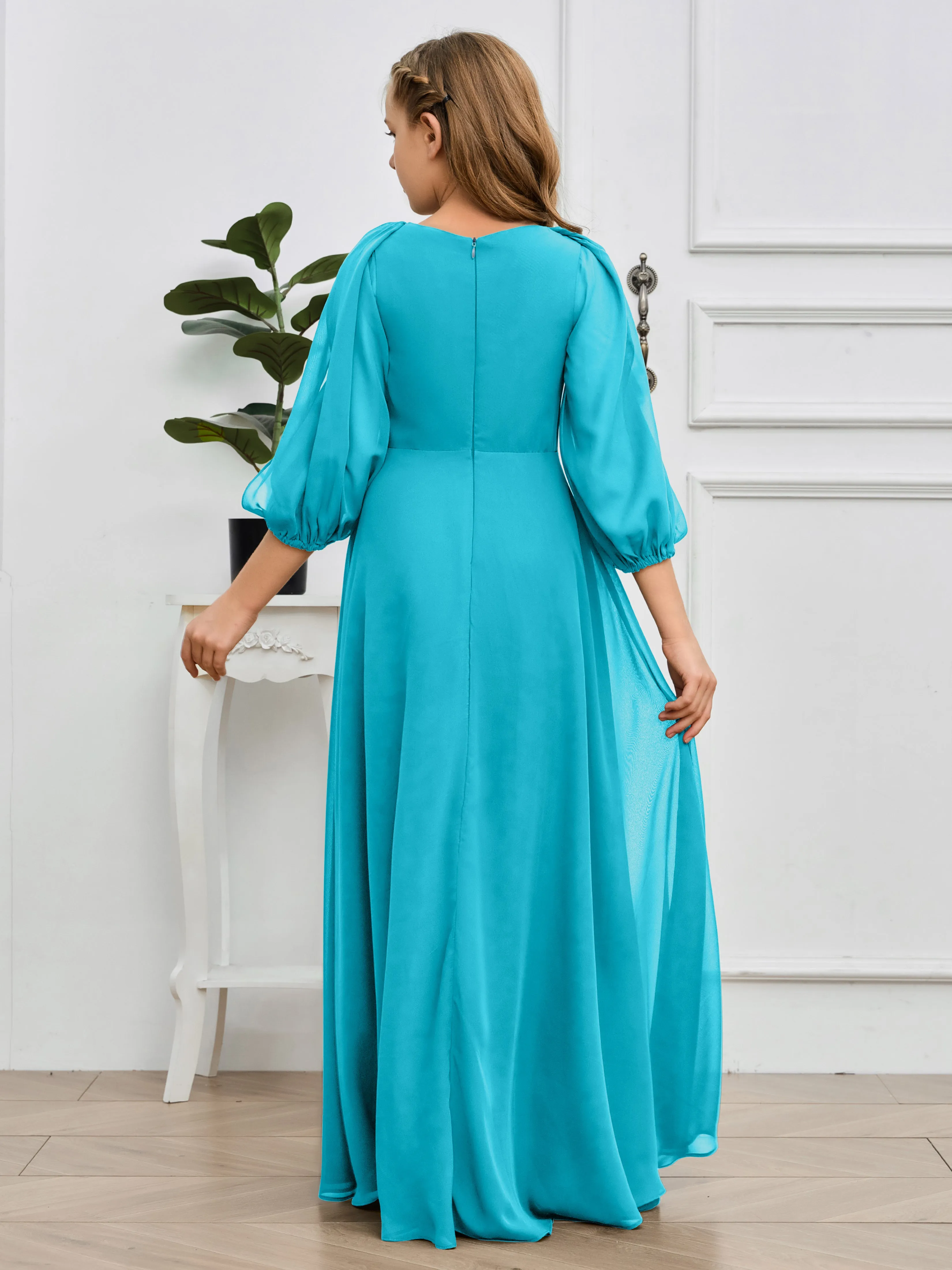 Long Sleeves V Neck Chiffon Junior Bridesmaid Dress