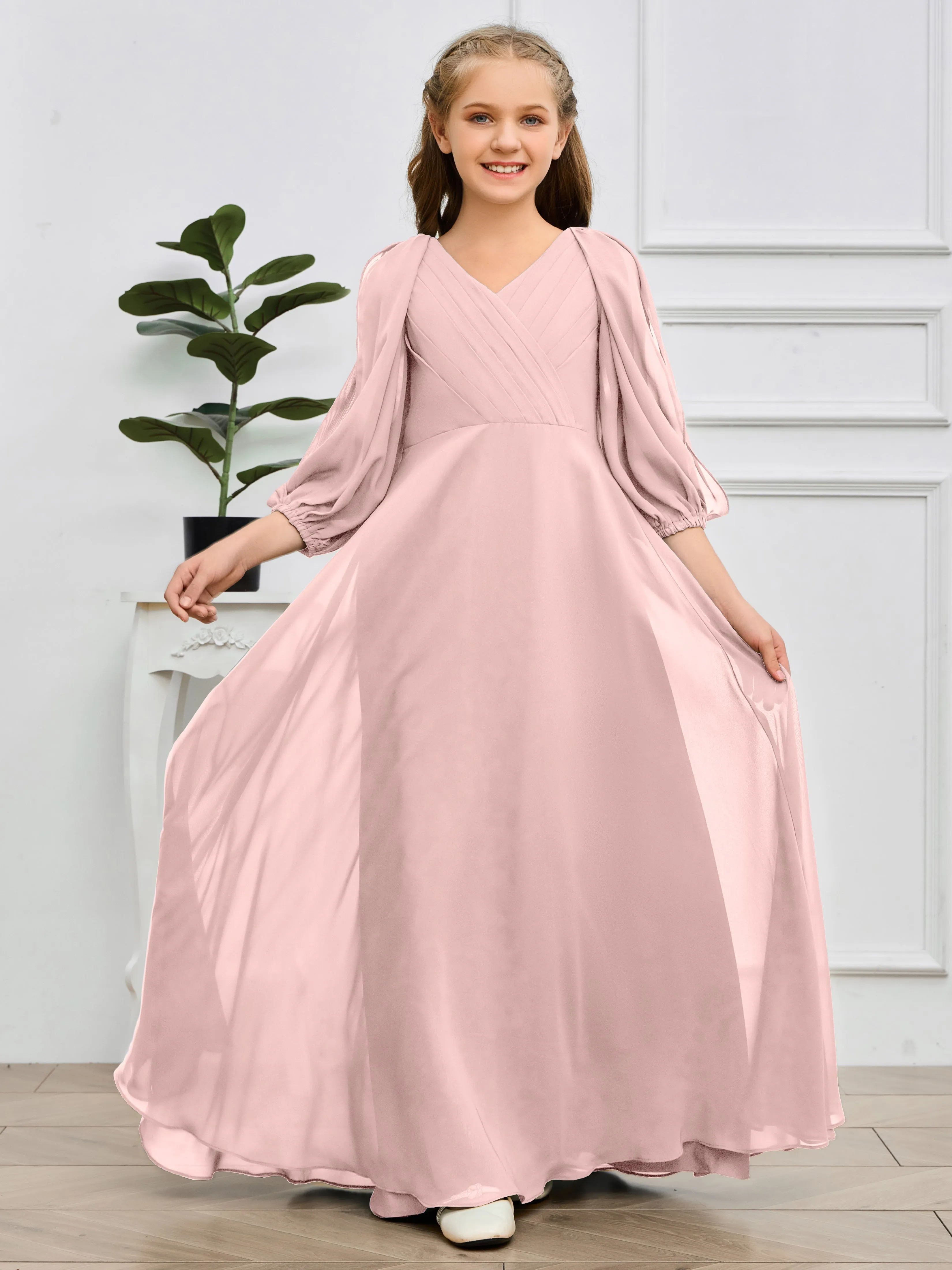 Long Sleeves V Neck Chiffon Junior Bridesmaid Dress