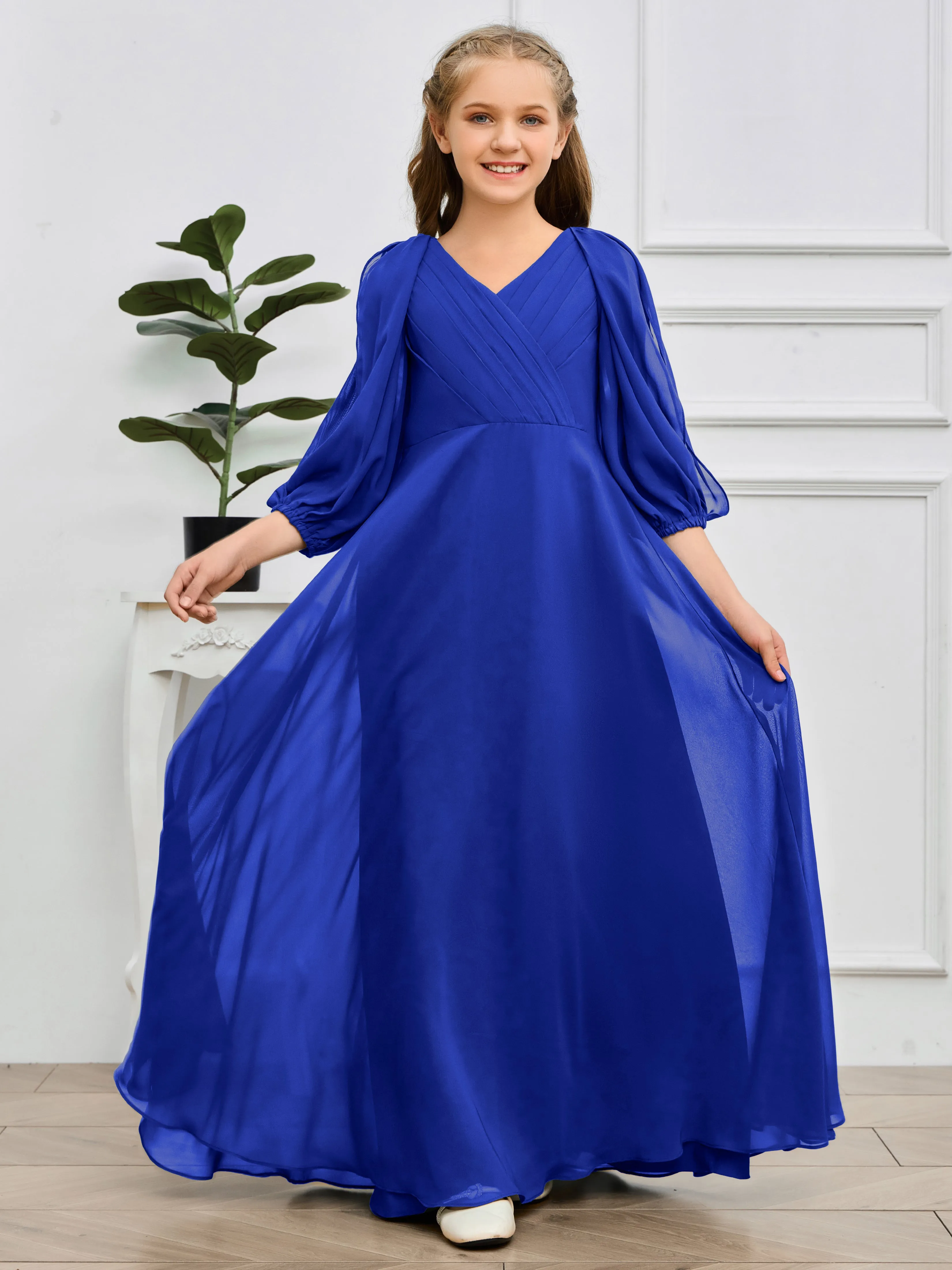 Long Sleeves V Neck Chiffon Junior Bridesmaid Dress