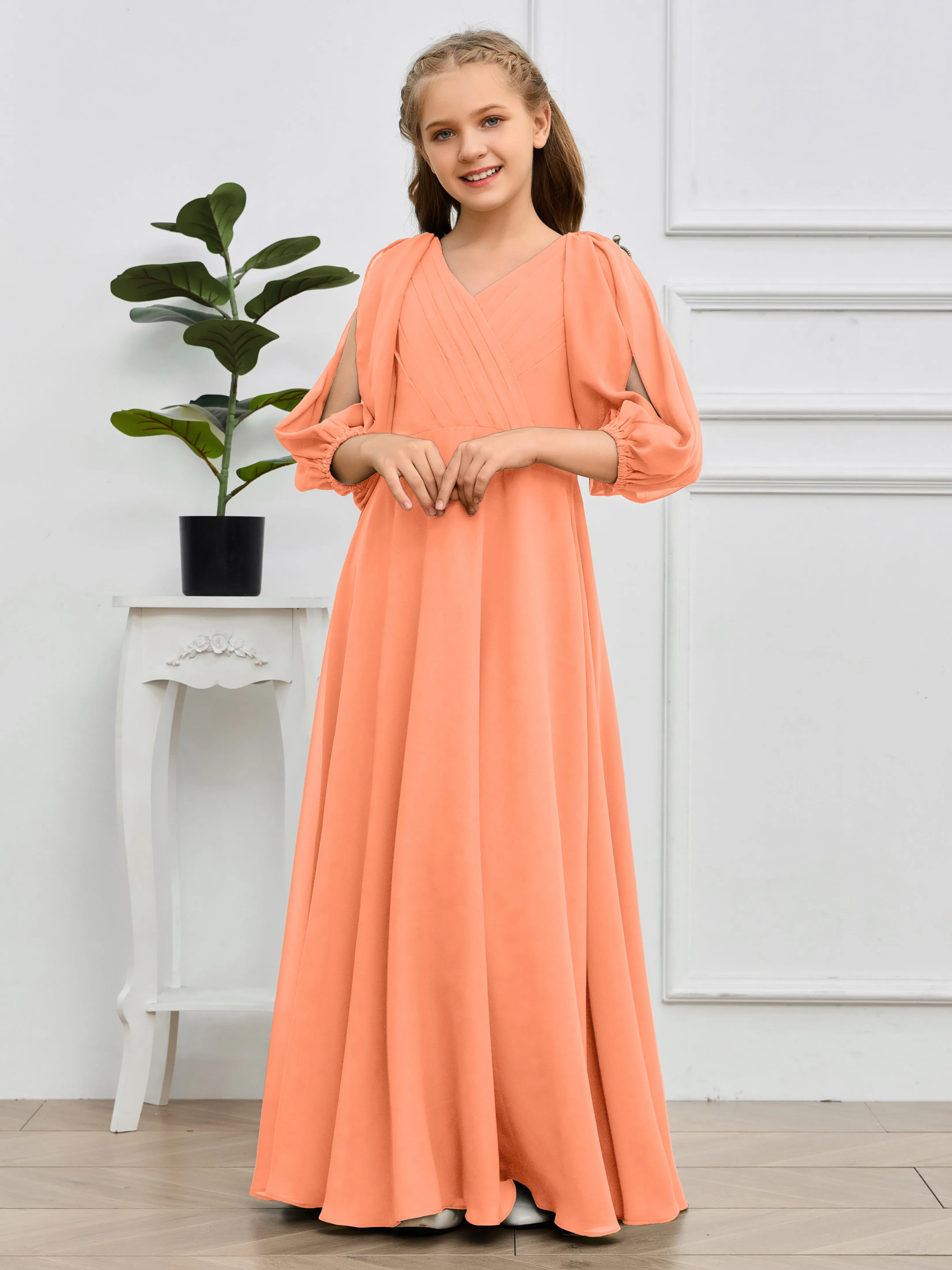 Long Sleeves V Neck Chiffon Junior Bridesmaid Dress