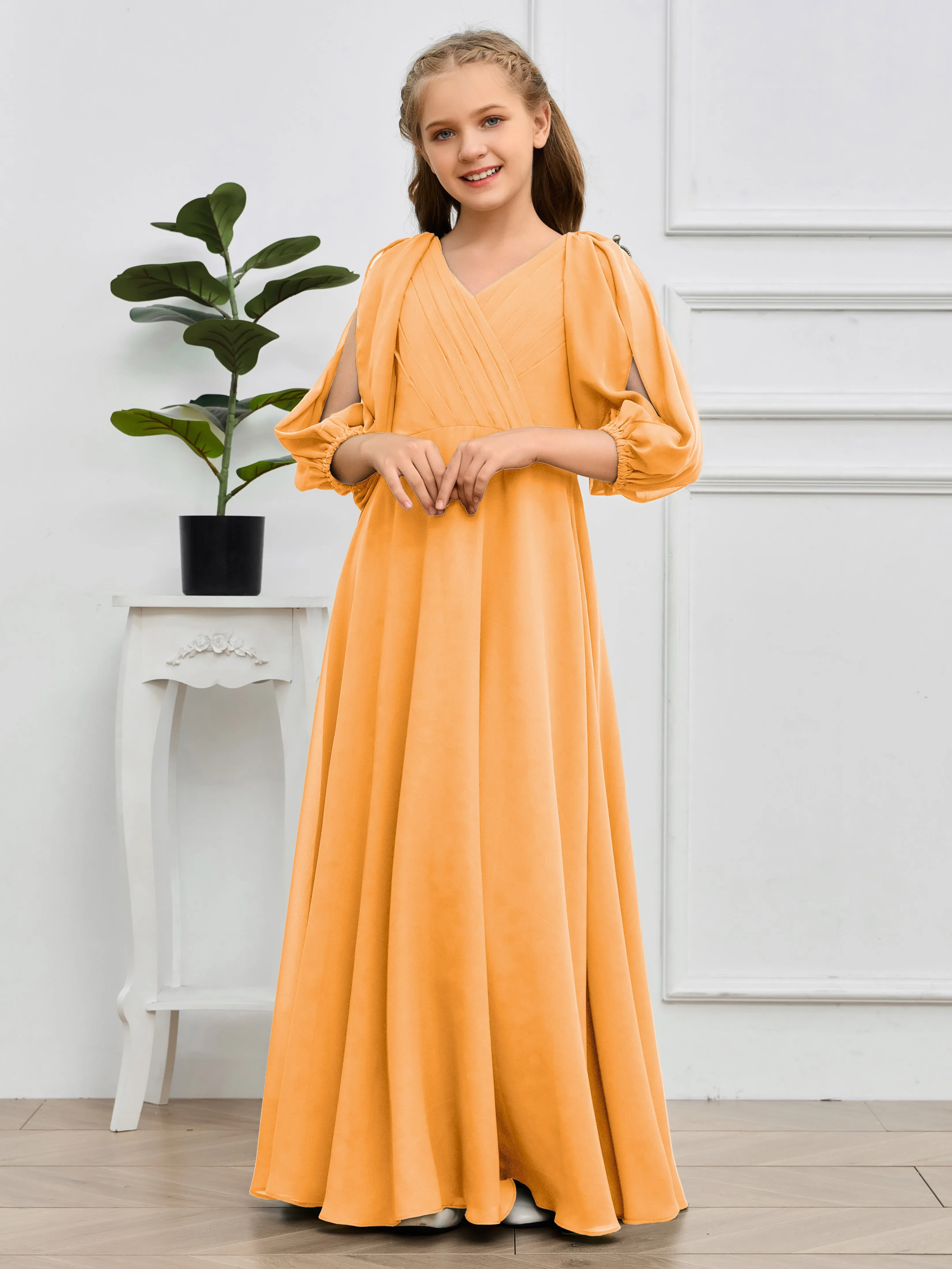 Long Sleeves V Neck Chiffon Junior Bridesmaid Dress