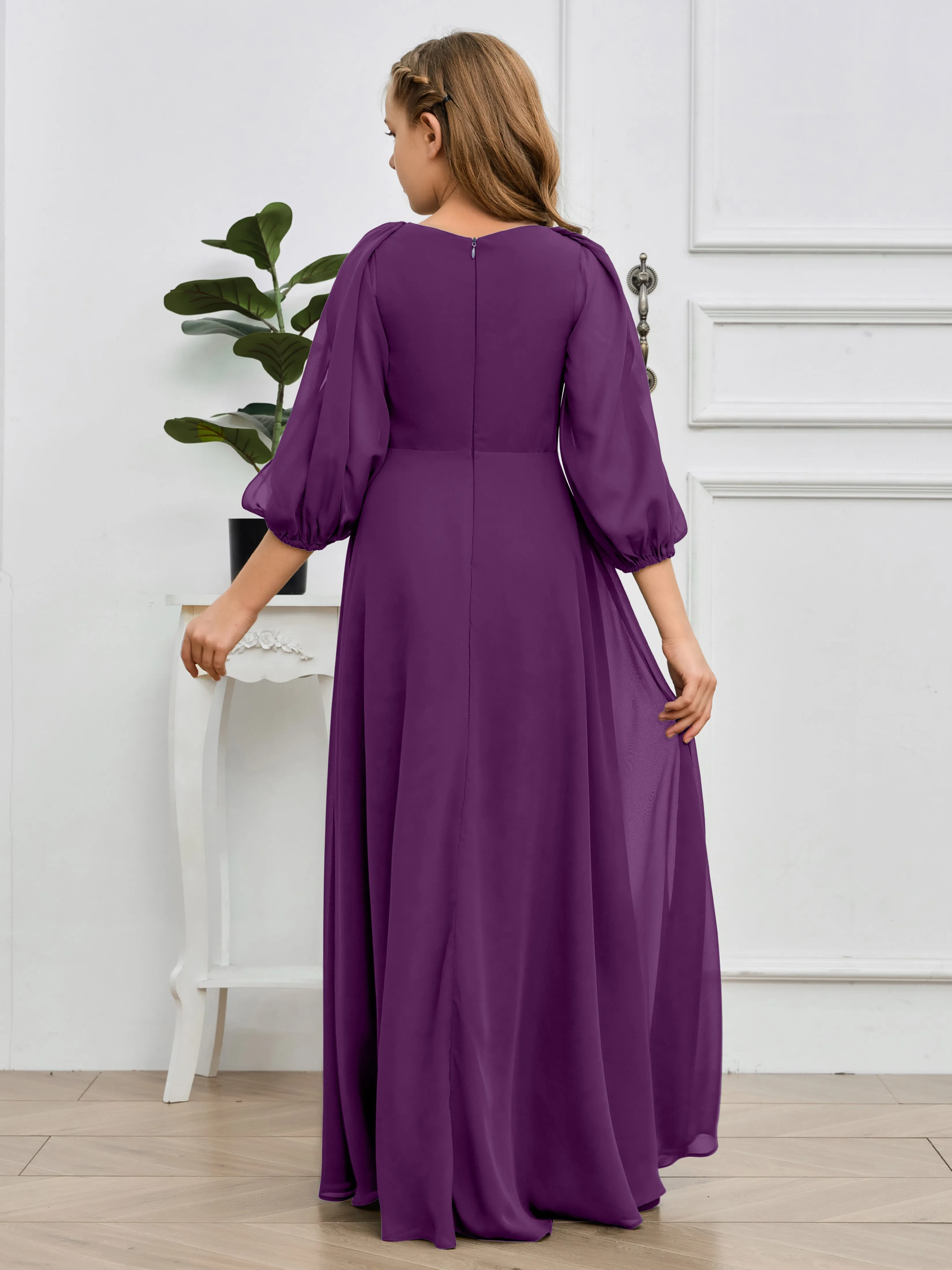 Long Sleeves V Neck Chiffon Junior Bridesmaid Dress