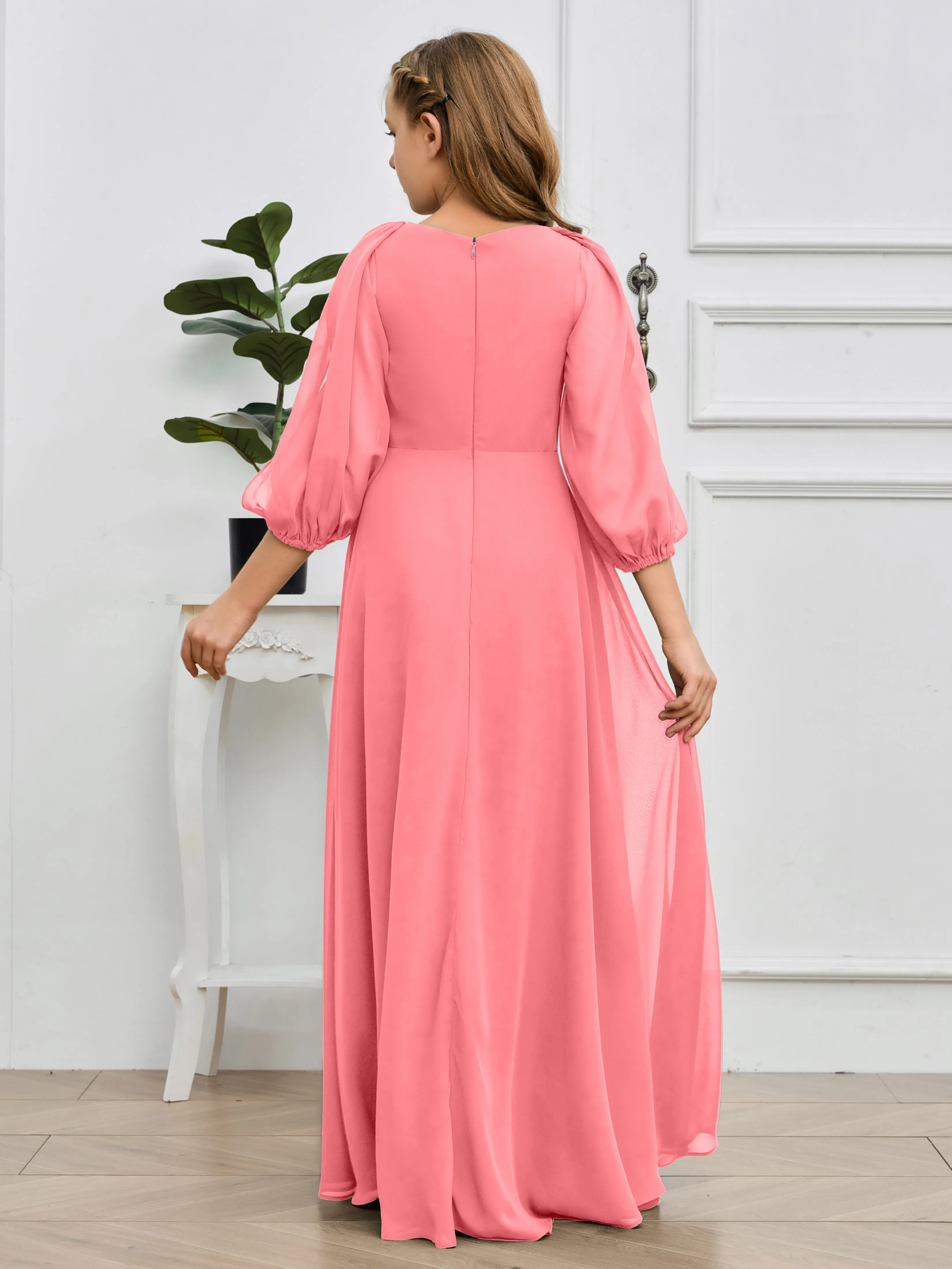 Long Sleeves V Neck Chiffon Junior Bridesmaid Dress