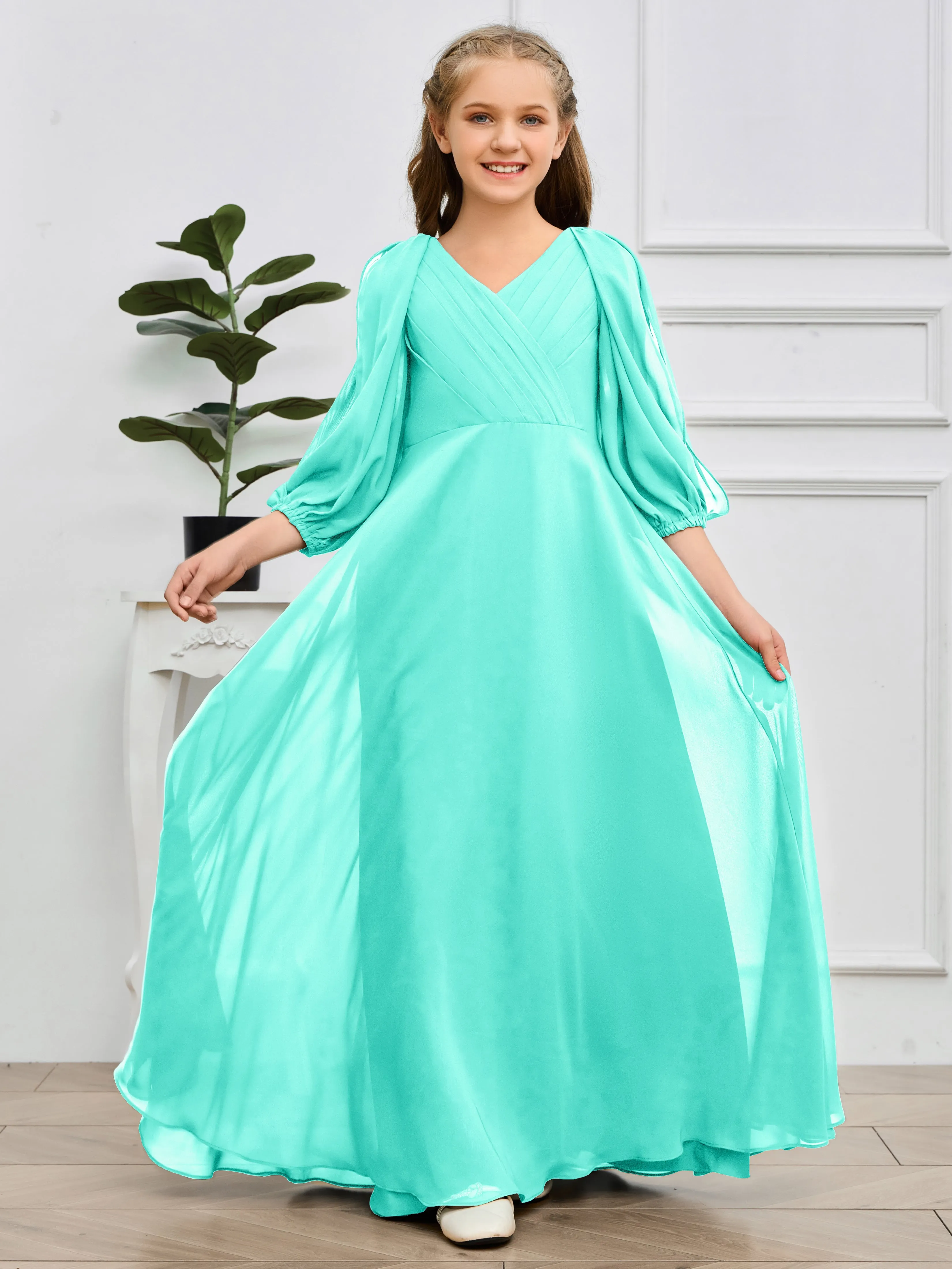 Long Sleeves V Neck Chiffon Junior Bridesmaid Dress