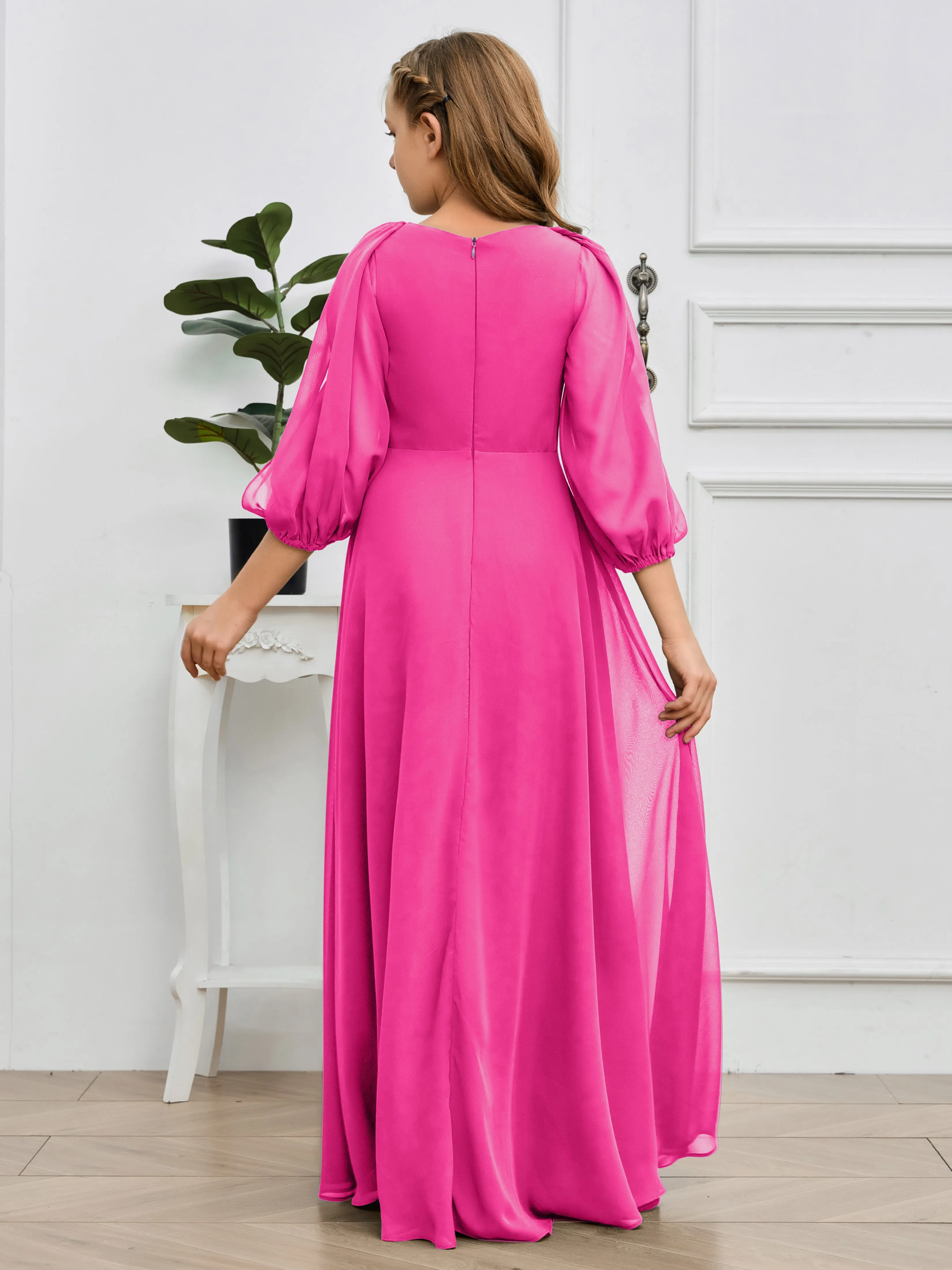 Long Sleeves V Neck Chiffon Junior Bridesmaid Dress