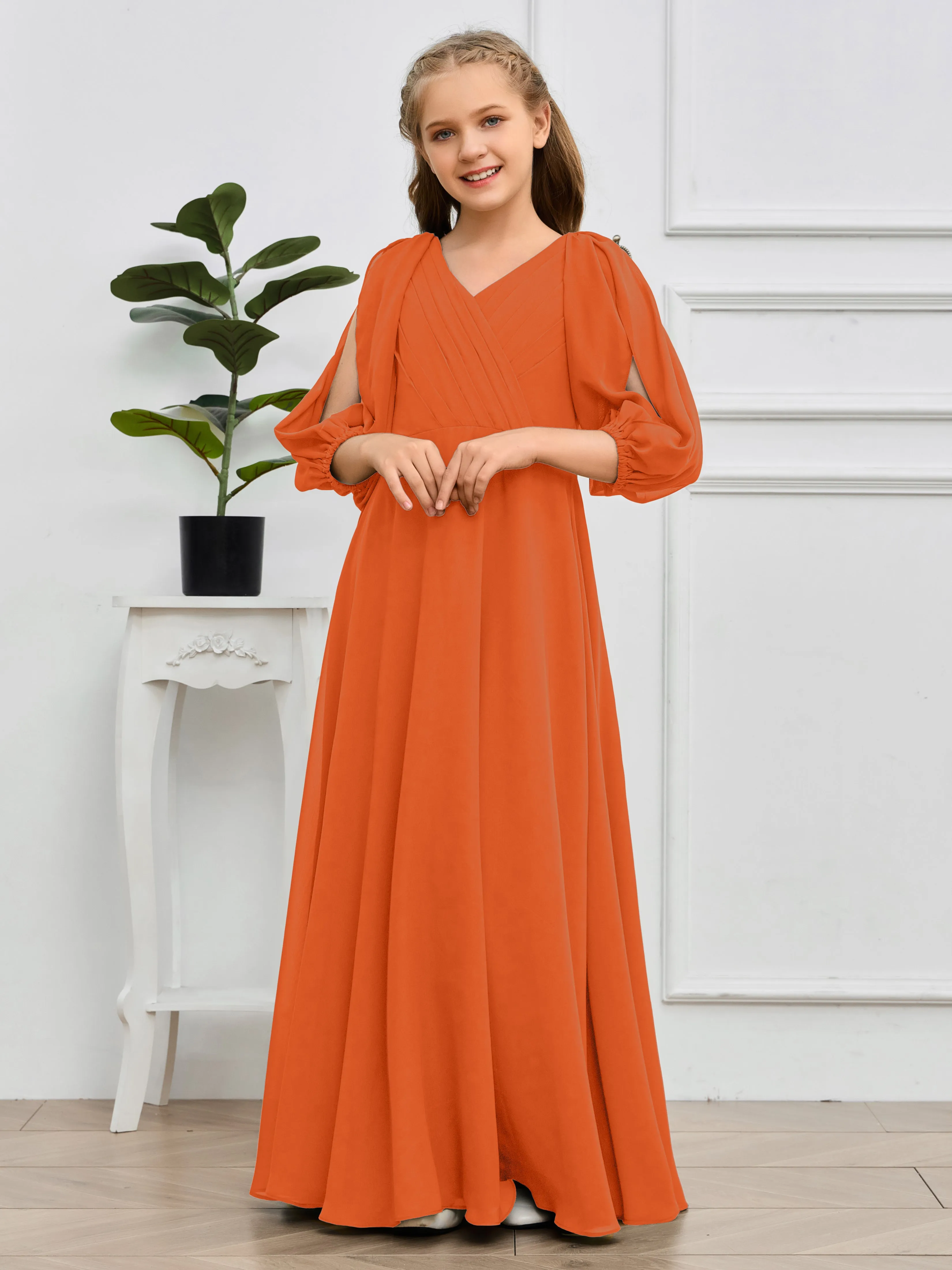 Long Sleeves V Neck Chiffon Junior Bridesmaid Dress