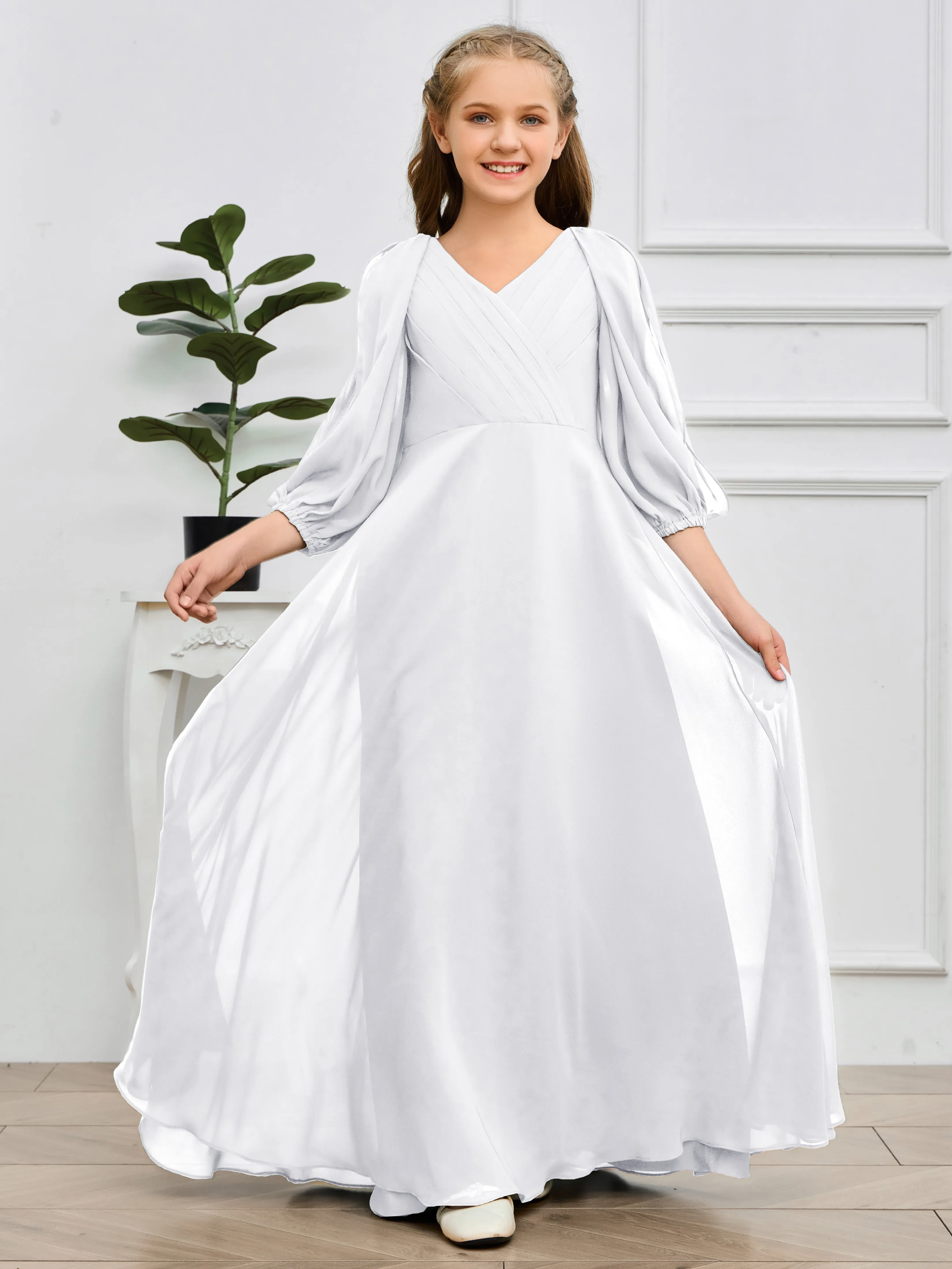 Long Sleeves V Neck Chiffon Junior Bridesmaid Dress