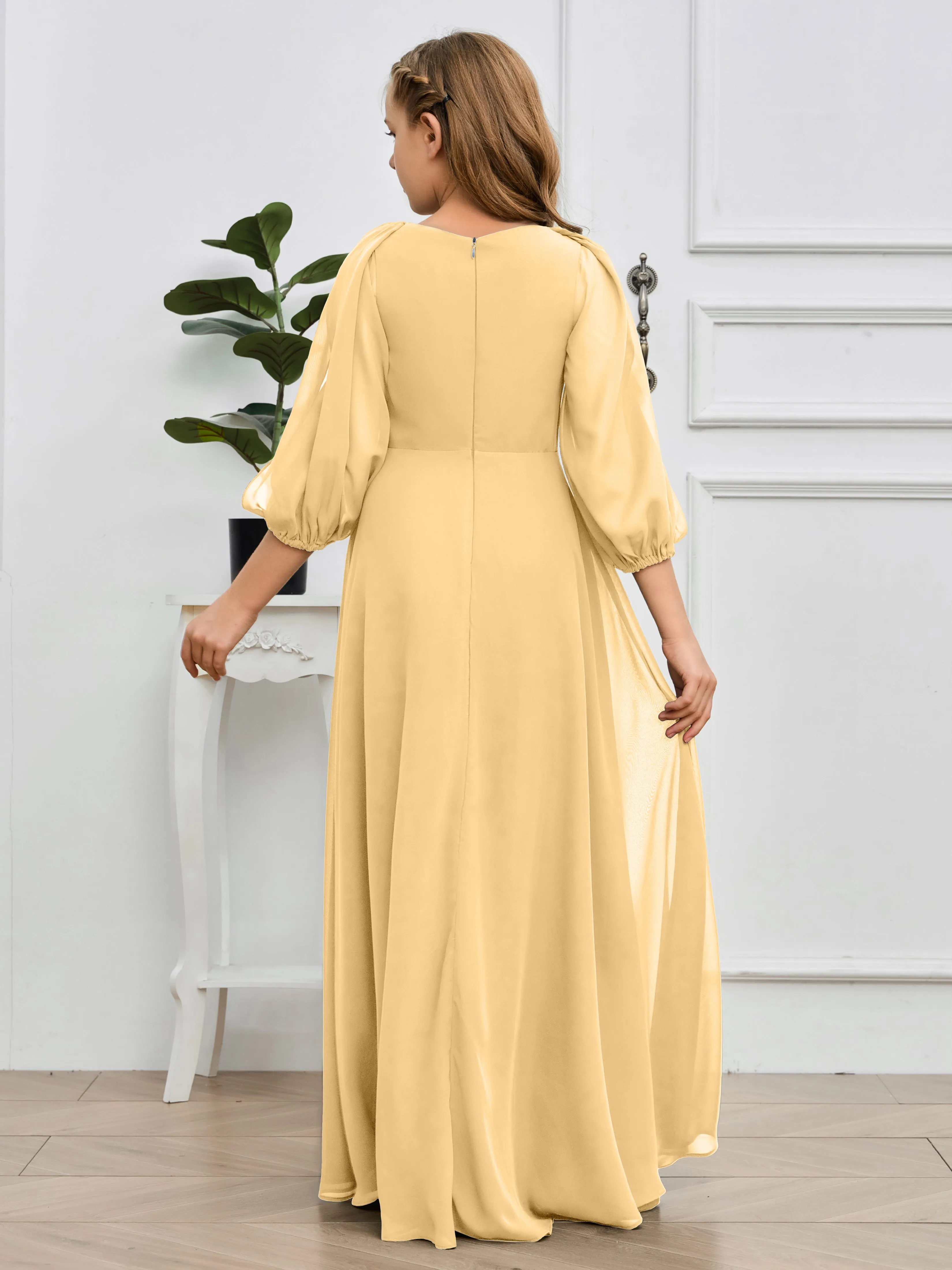 Long Sleeves V Neck Chiffon Junior Bridesmaid Dress