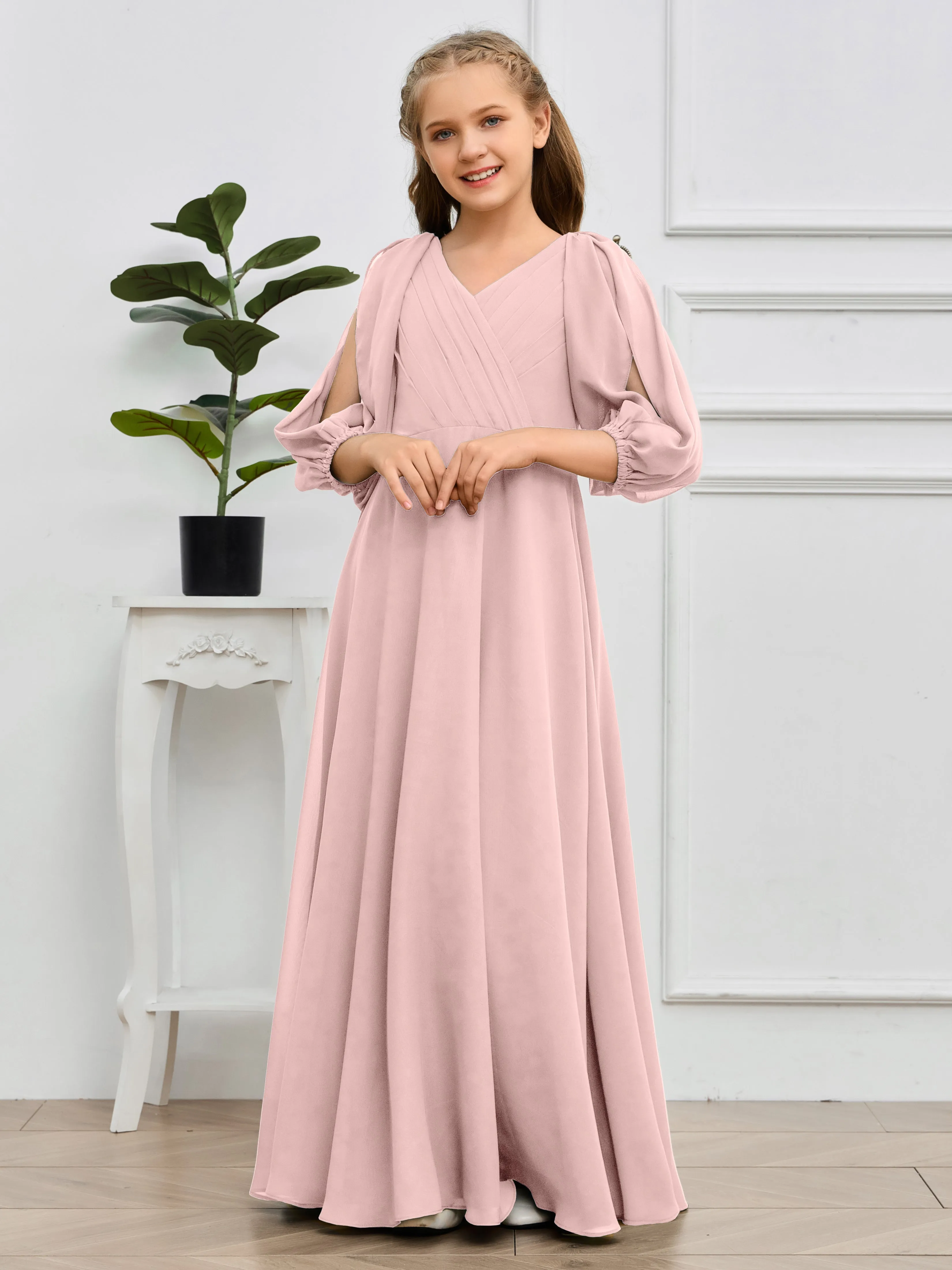 Long Sleeves V Neck Chiffon Junior Bridesmaid Dress