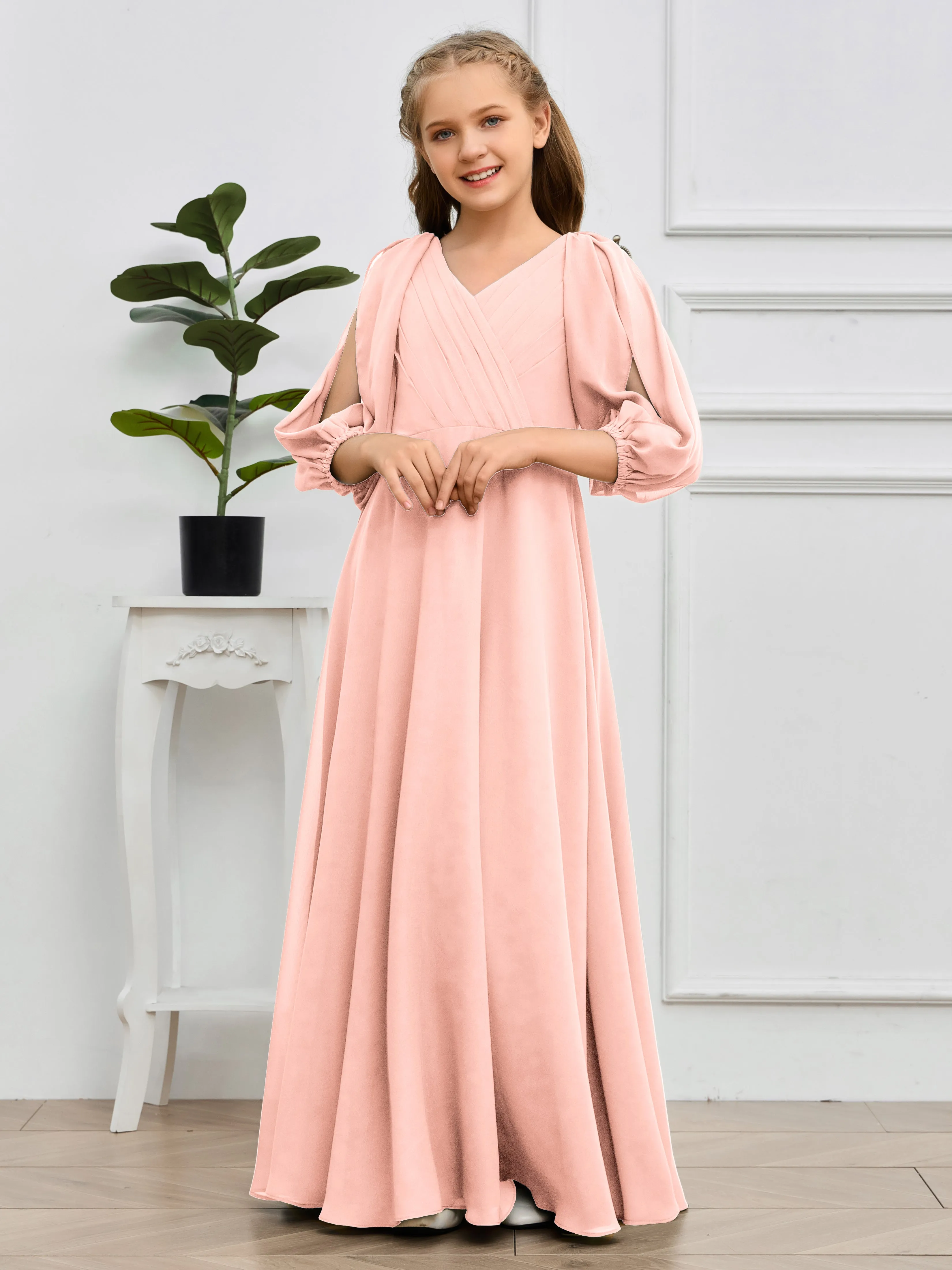 Long Sleeves V Neck Chiffon Junior Bridesmaid Dress