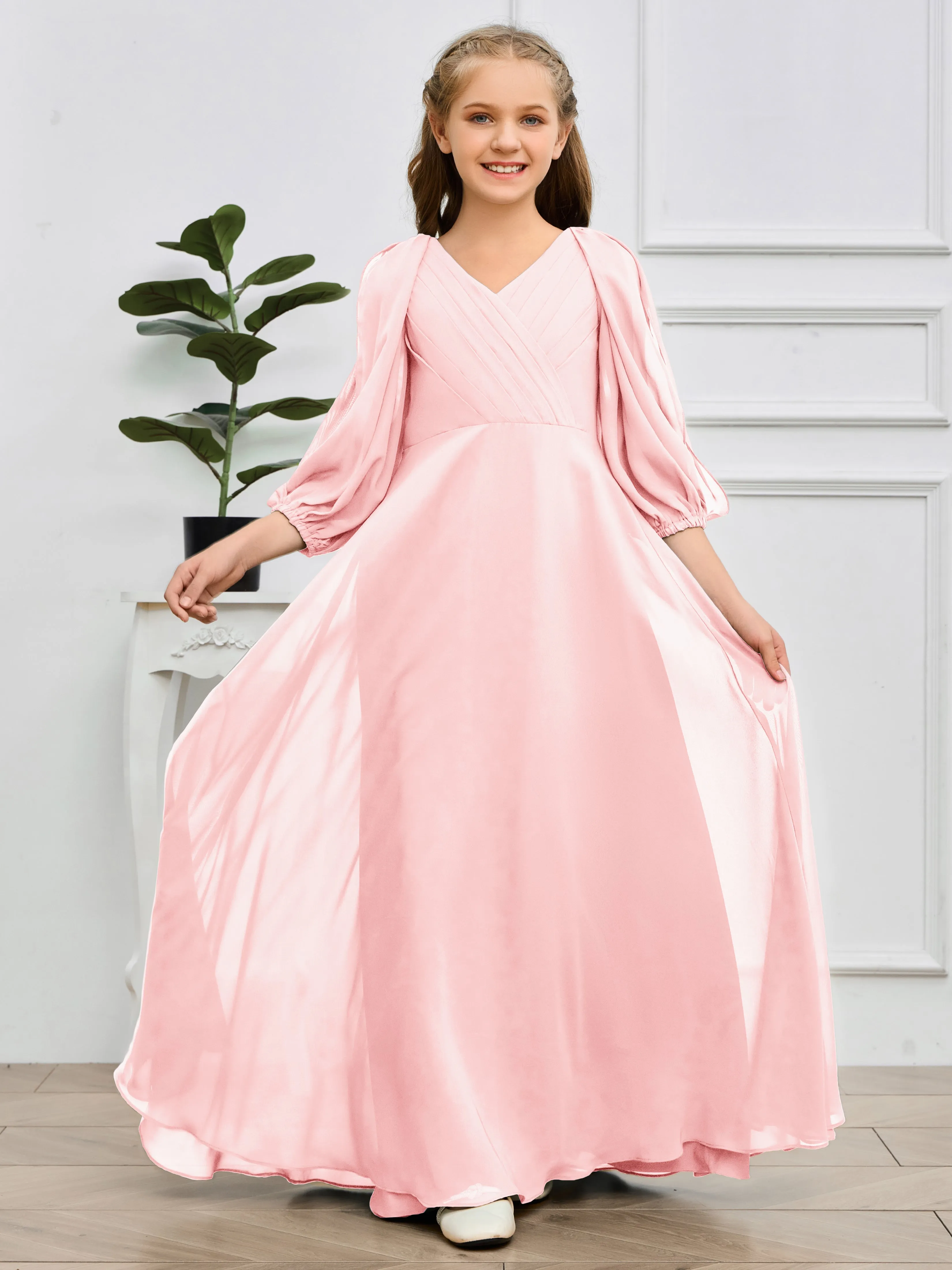 Long Sleeves V Neck Chiffon Junior Bridesmaid Dress