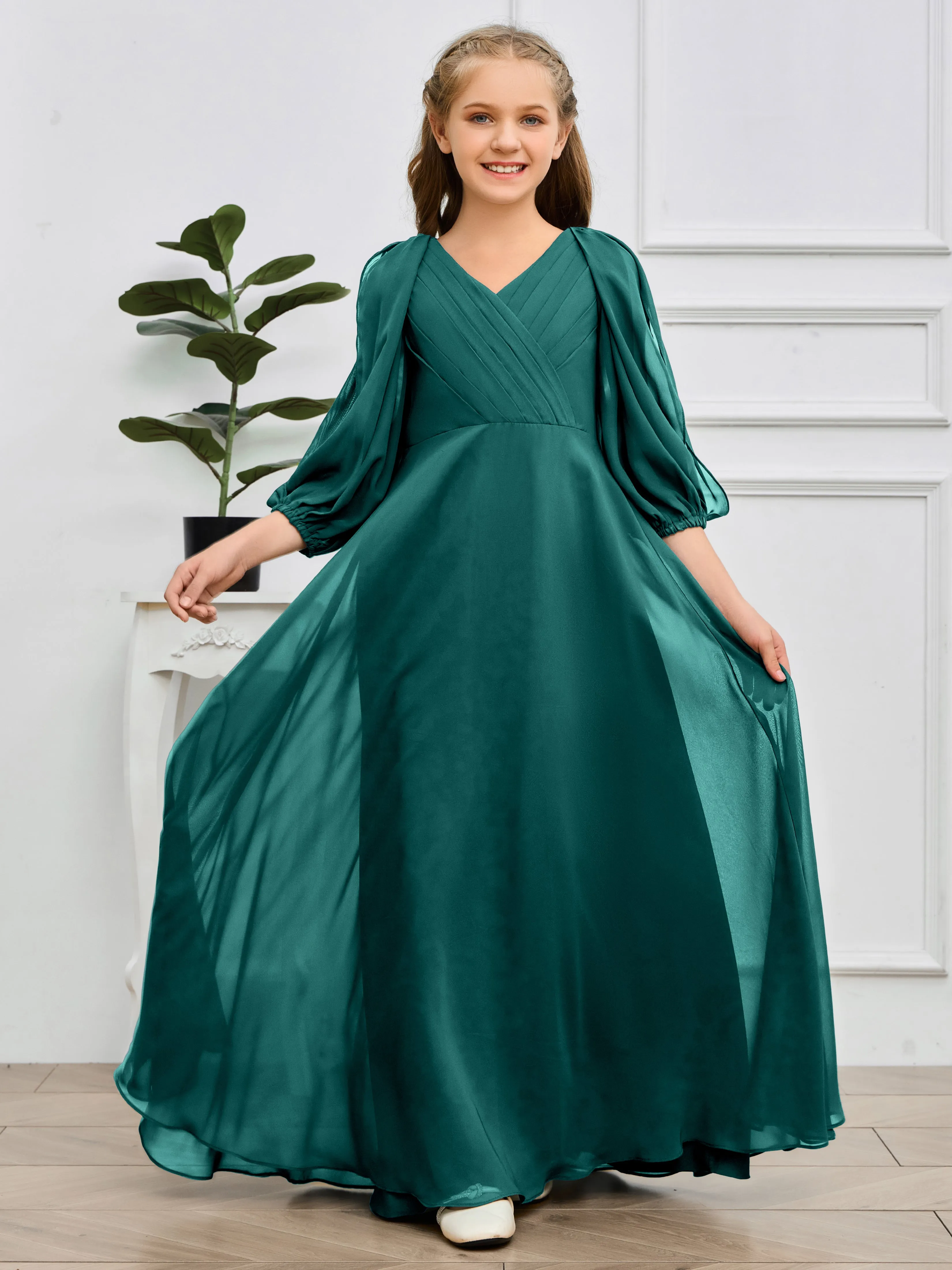 Long Sleeves V Neck Chiffon Junior Bridesmaid Dress