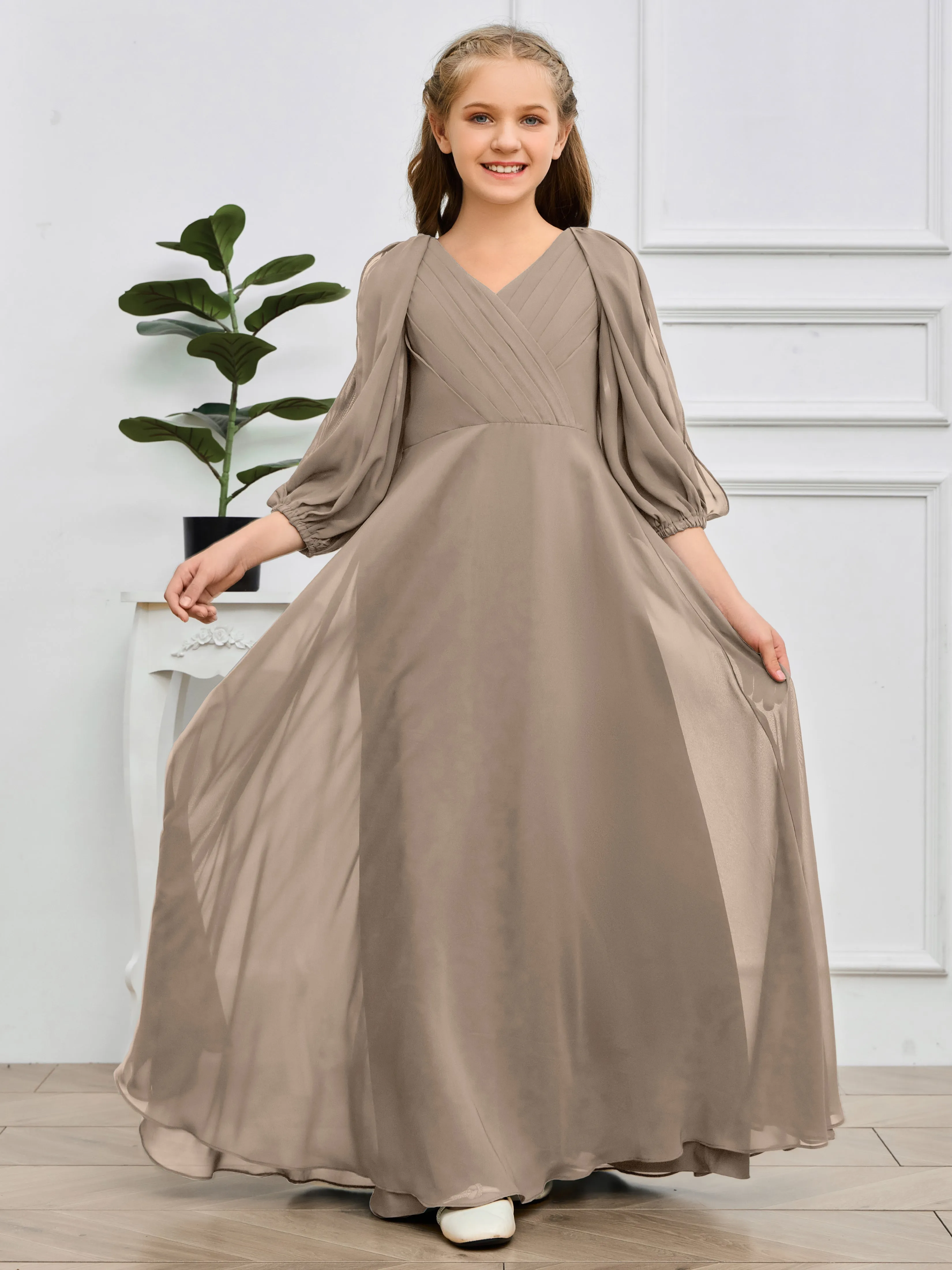 Long Sleeves V Neck Chiffon Junior Bridesmaid Dress